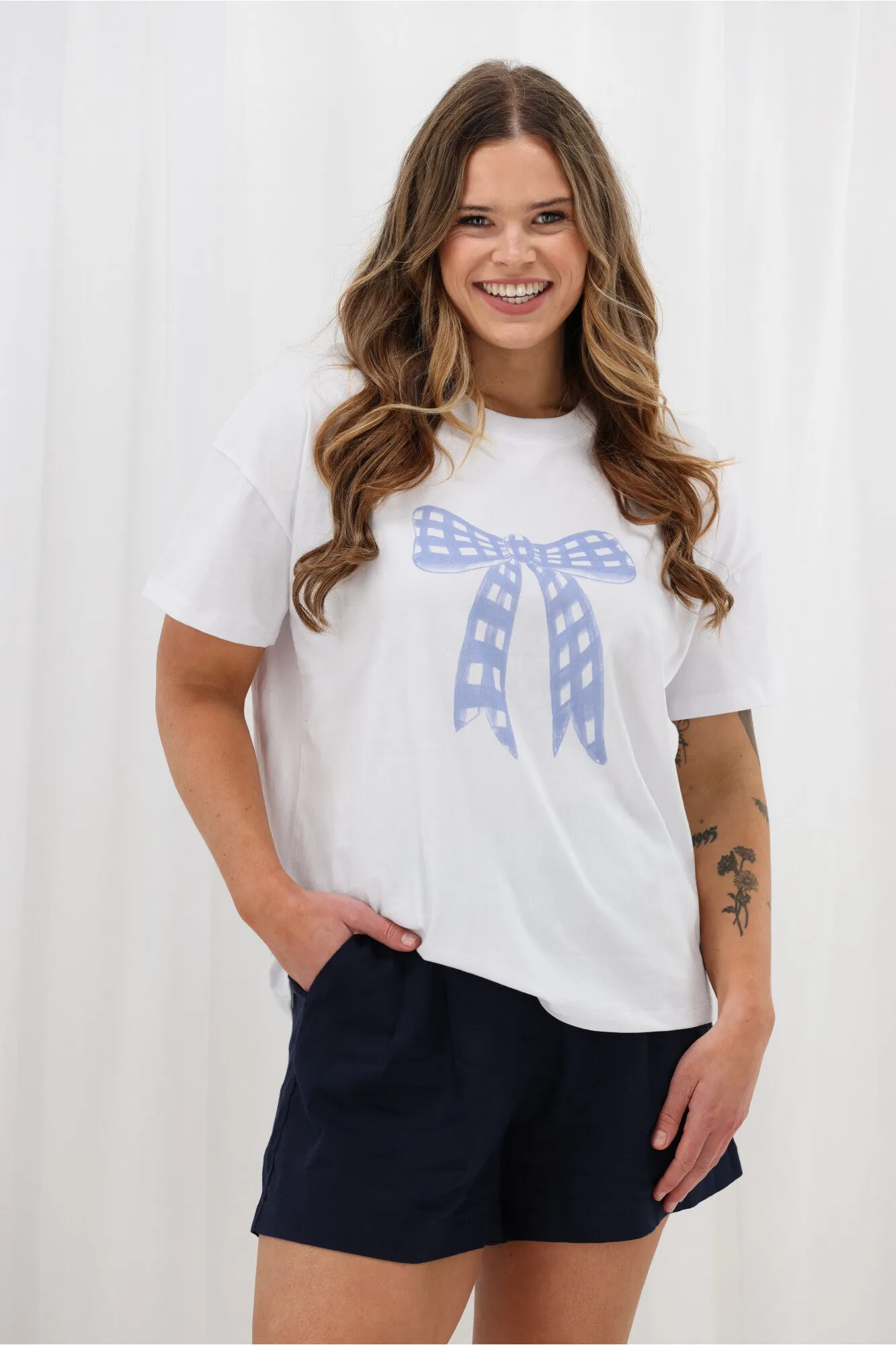 Gloss The Label Berlei Bow Print Tee White Trendy Design
