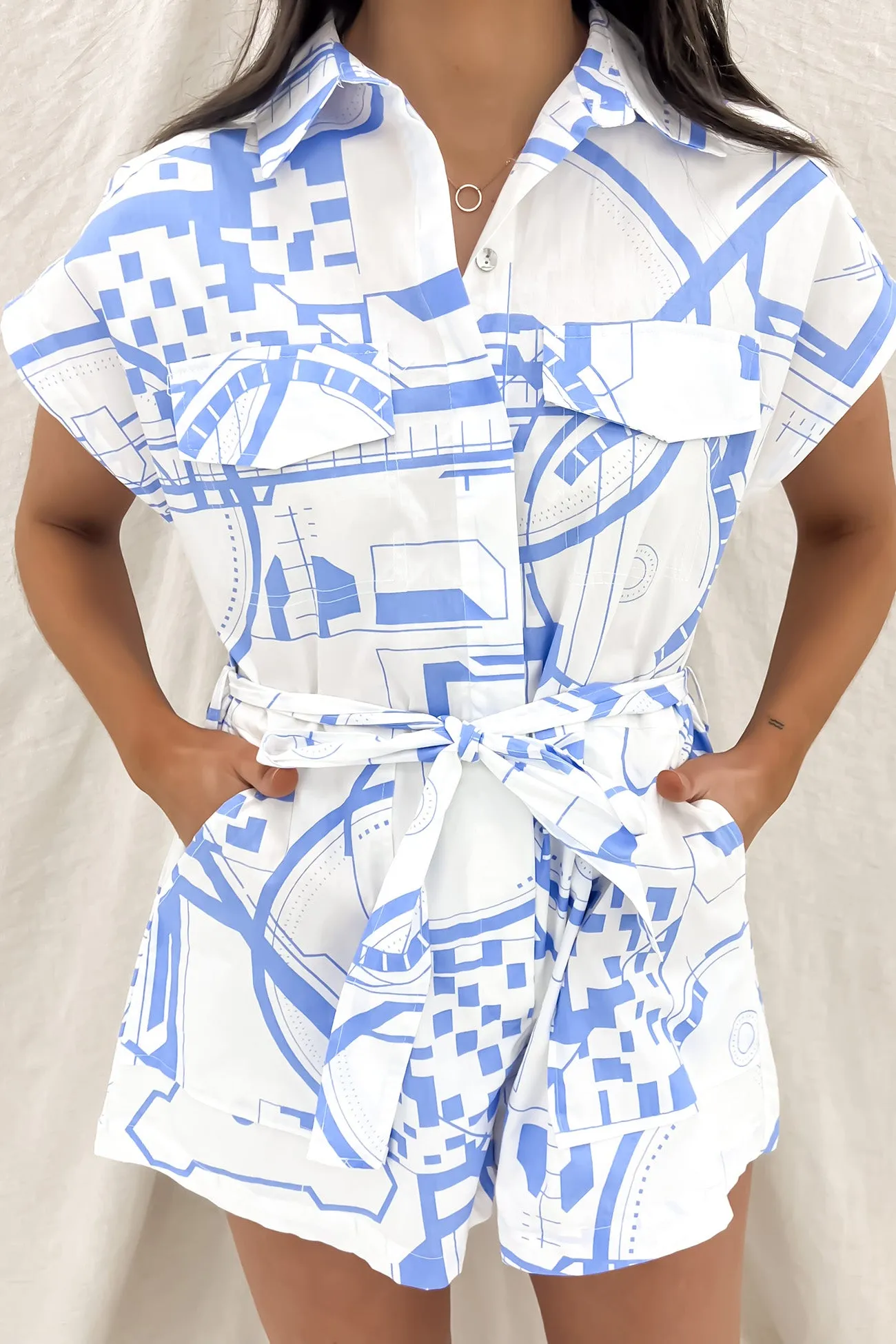 Office Attire ReflectiveTrimDetails Gracey Playsuit White Blue