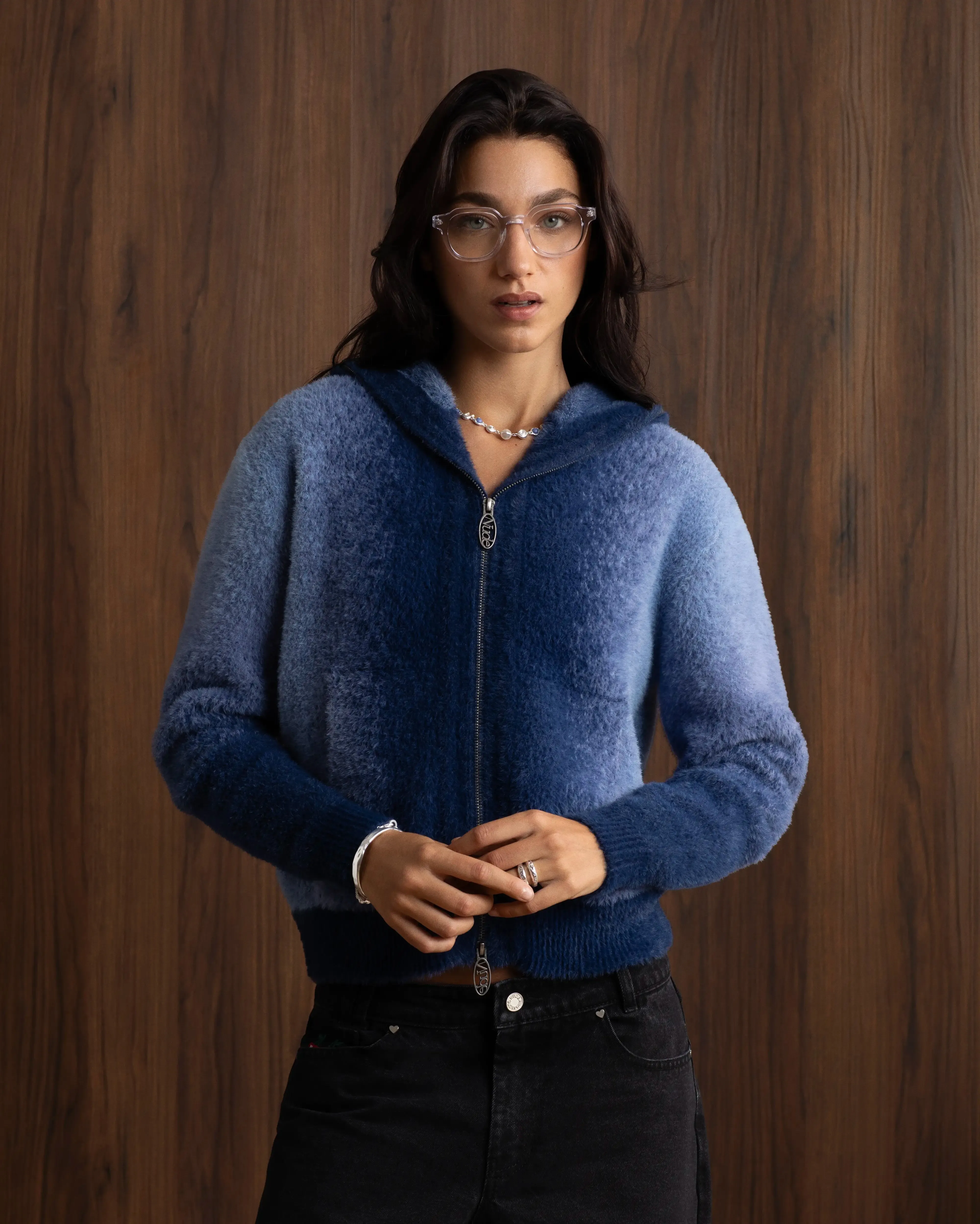 Gradient Zip-Up Knit Hoodie Blue Anti Static Technology