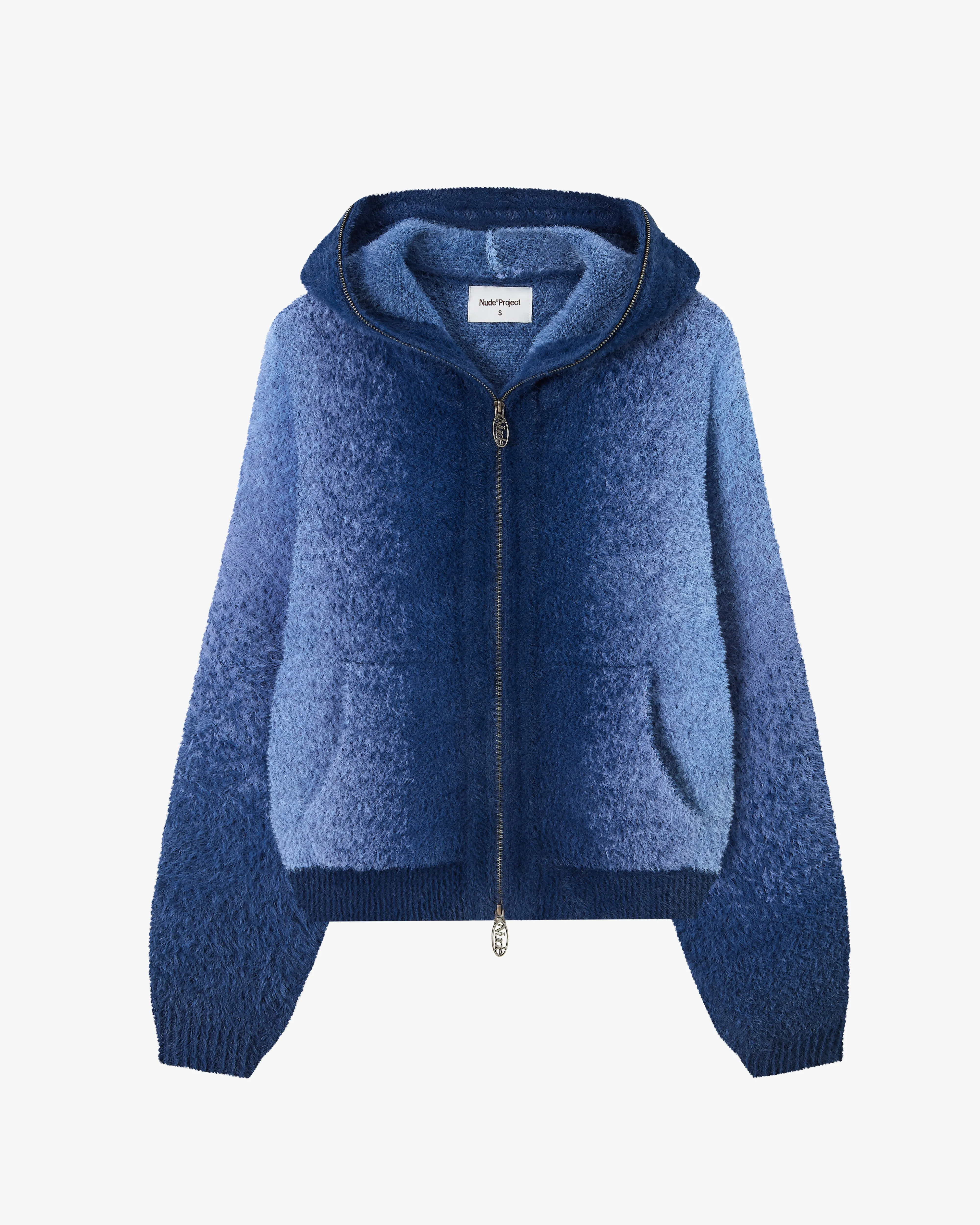 Winter Days Airy Piece Gradient Zip-Up Knit Hoodie Blue