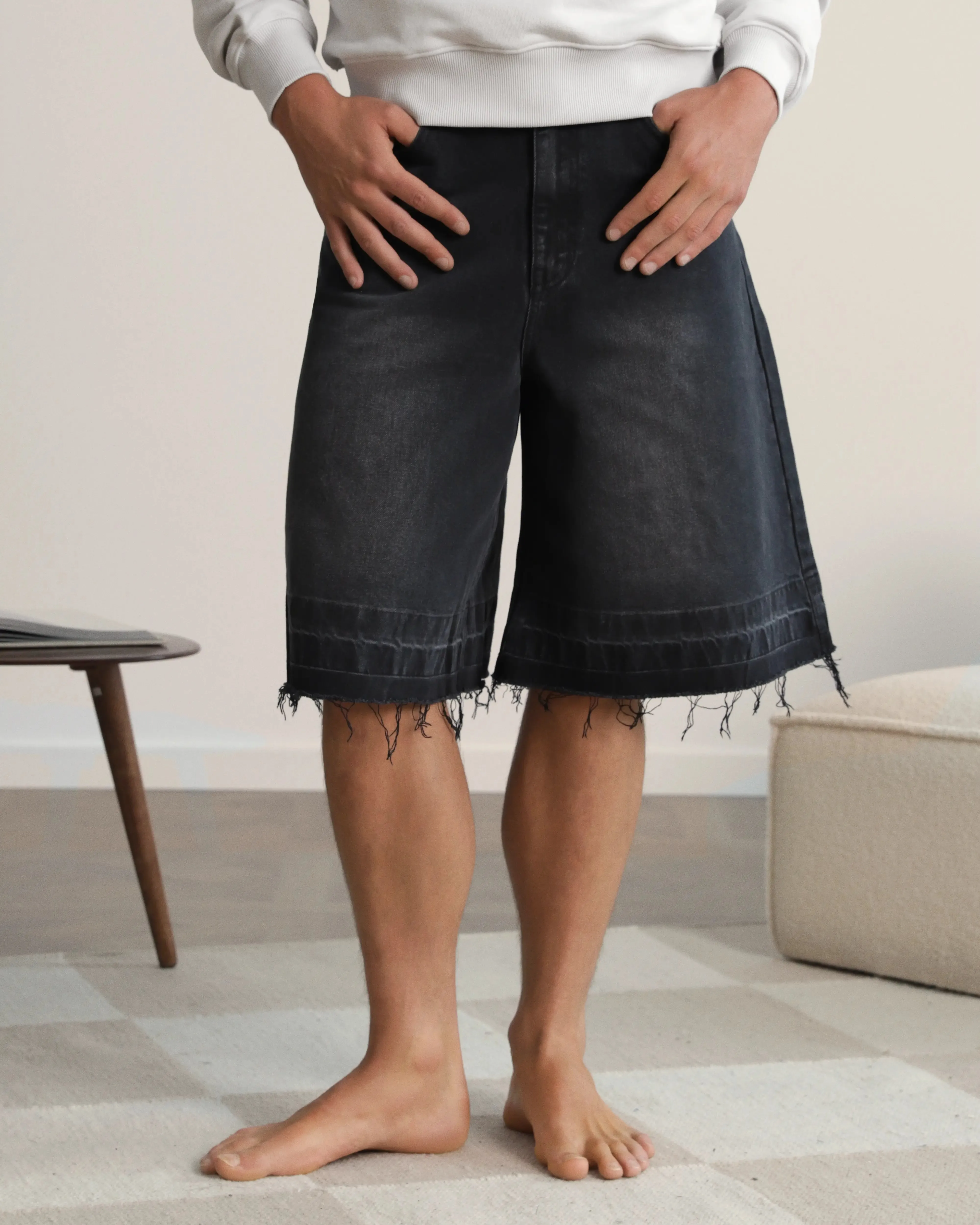 Old Baggy Denim Shorts Black Outdoor Use