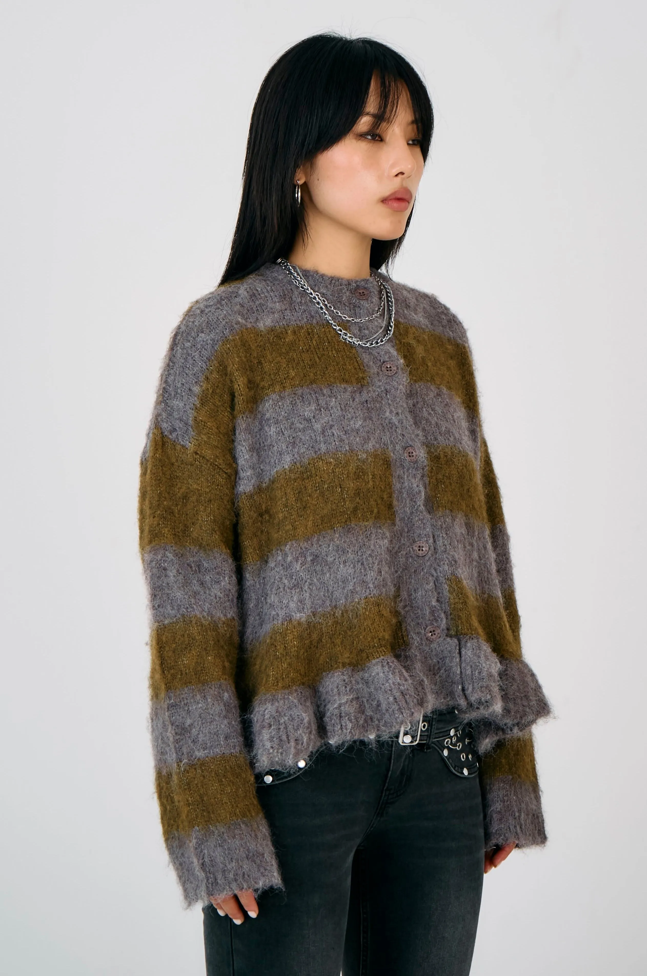 Neutral Style Non Irritating Edging Heather Grunge Stripe Knit Cardigan