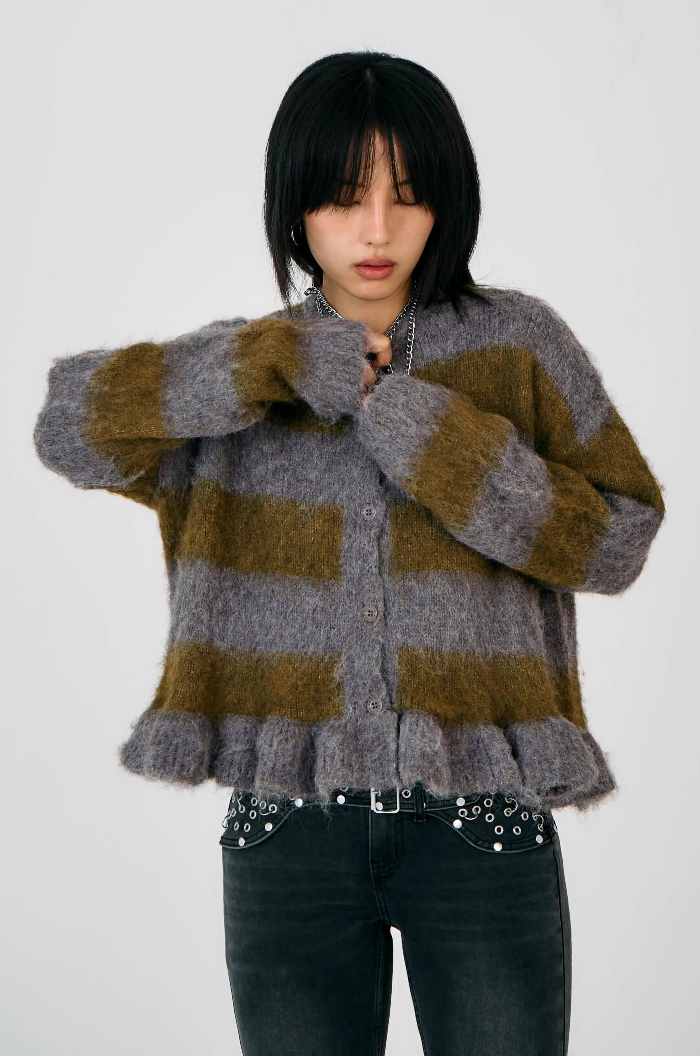 Heather Grunge Stripe Knit Cardigan FrayResistant Edging weekday look