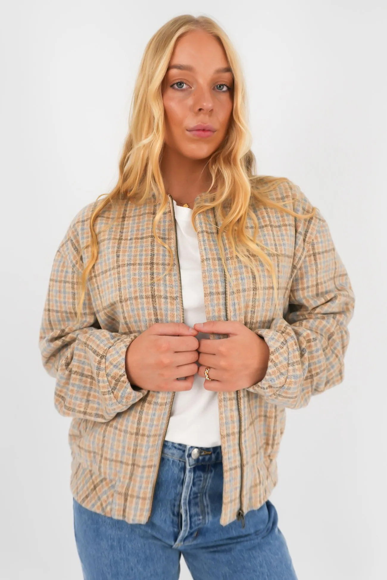 Luca Oversized Check Bomber Jacket Blue Modern Travel Look Leather Bits