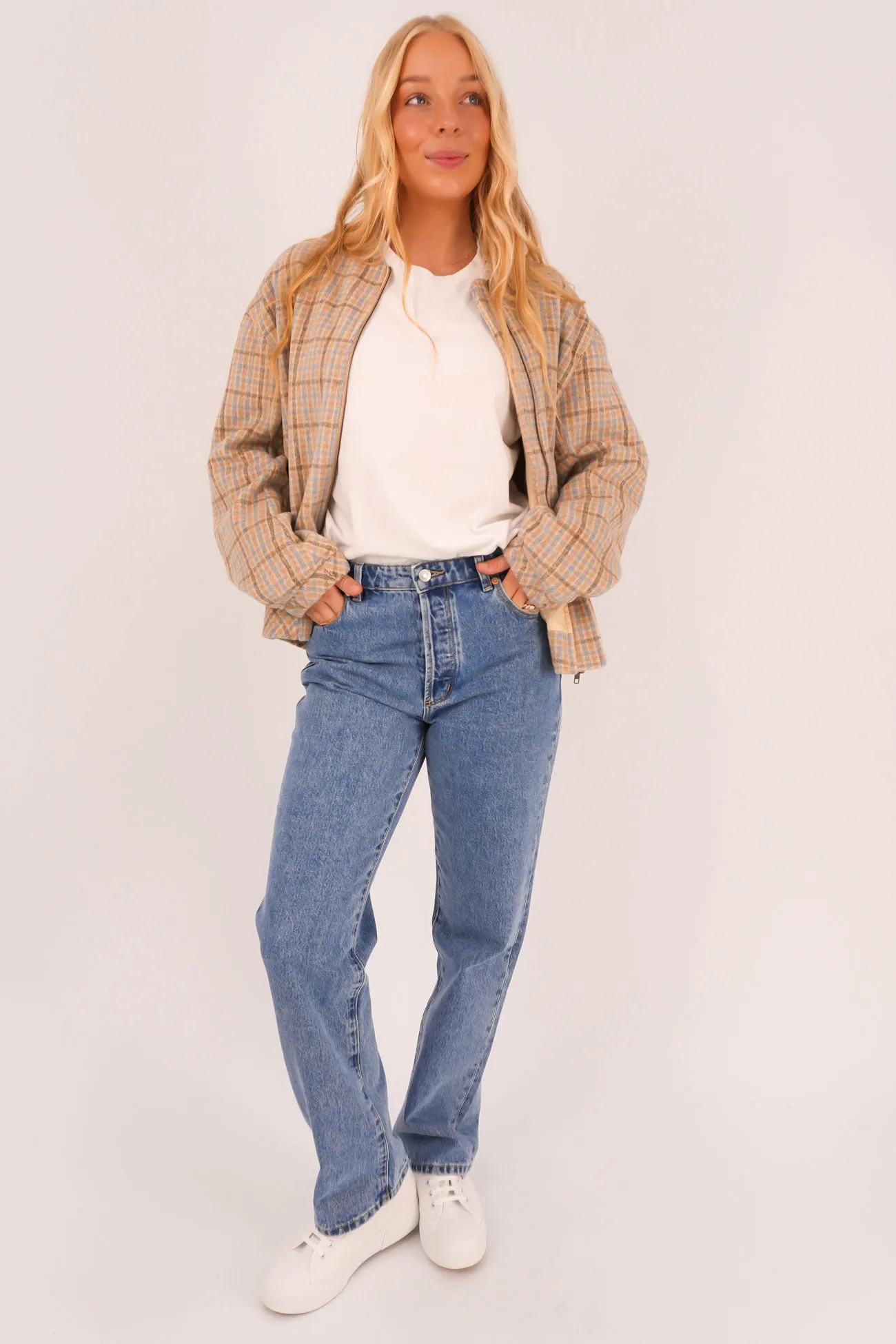 Luca Oversized Check Bomber Jacket Blue Weekend Outing Wear City Ready