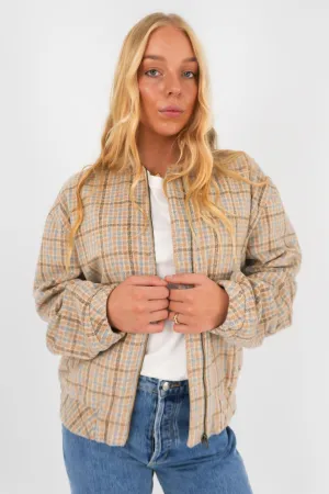Luca Oversized Check Bomber Jacket Blue Flexible Fiber Fill