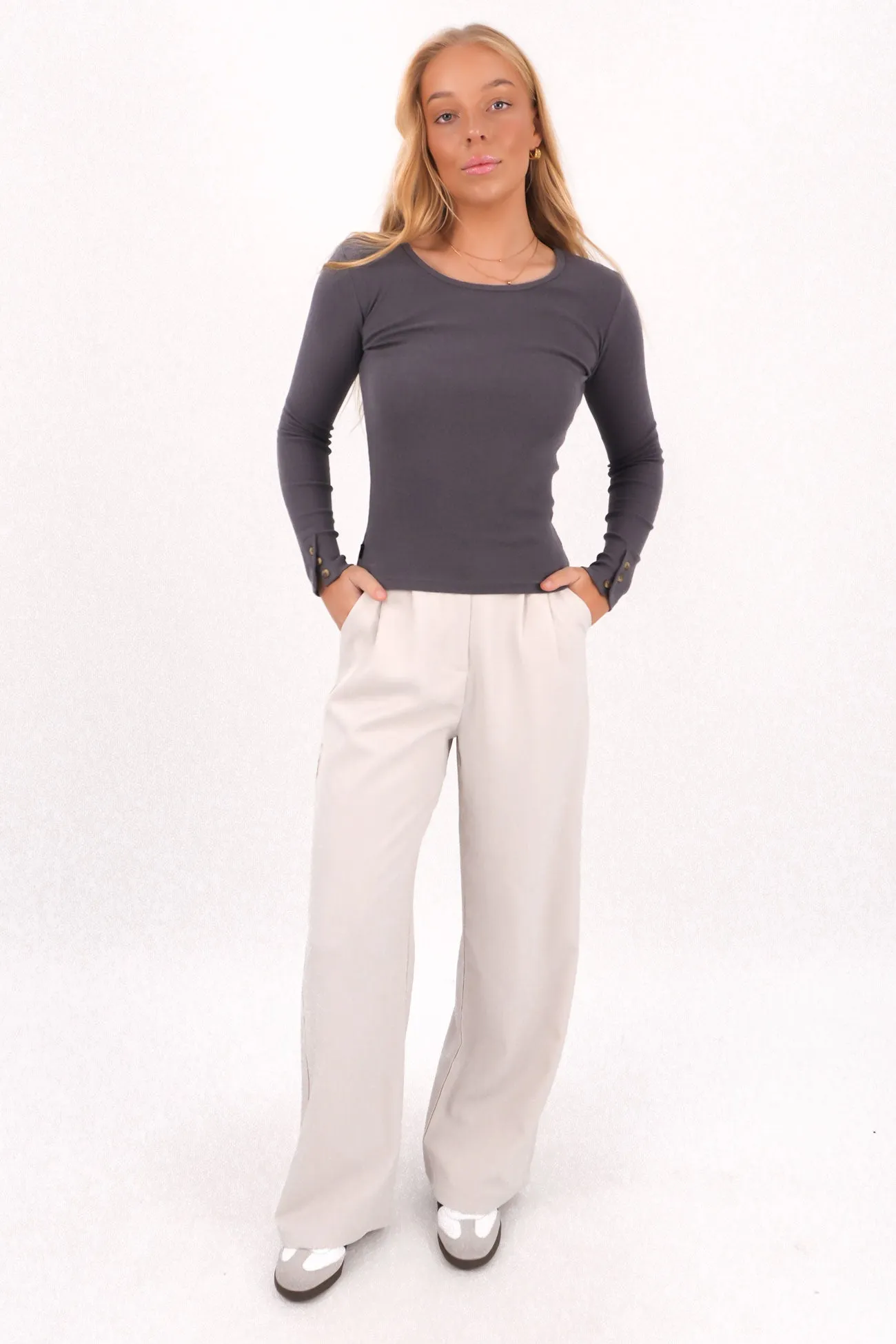 Jordyn Rib Long Sleeve Charcoal HighDensity Weave