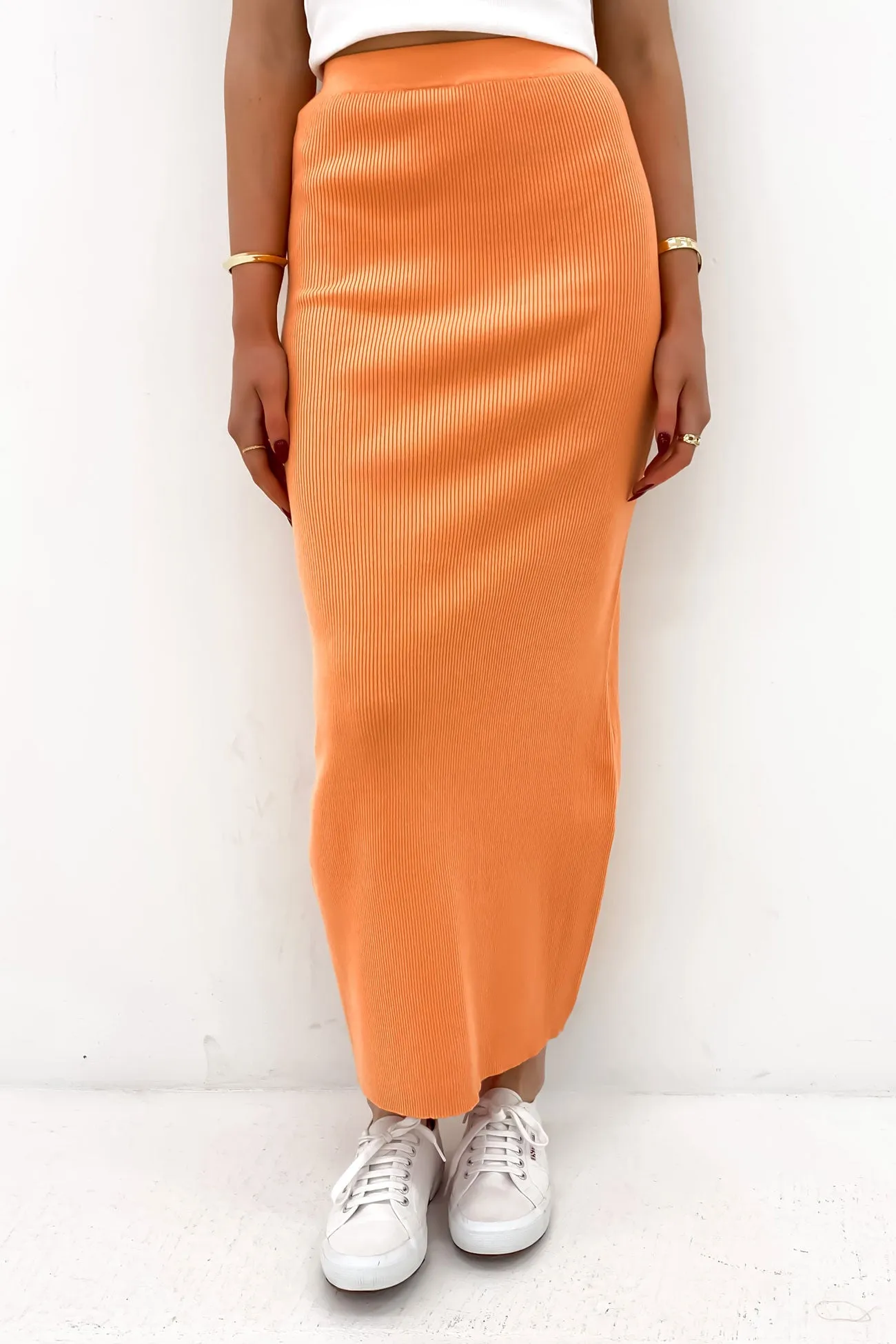 Urban Pulse Stretchable Waist Henley Knit Skirt Orange