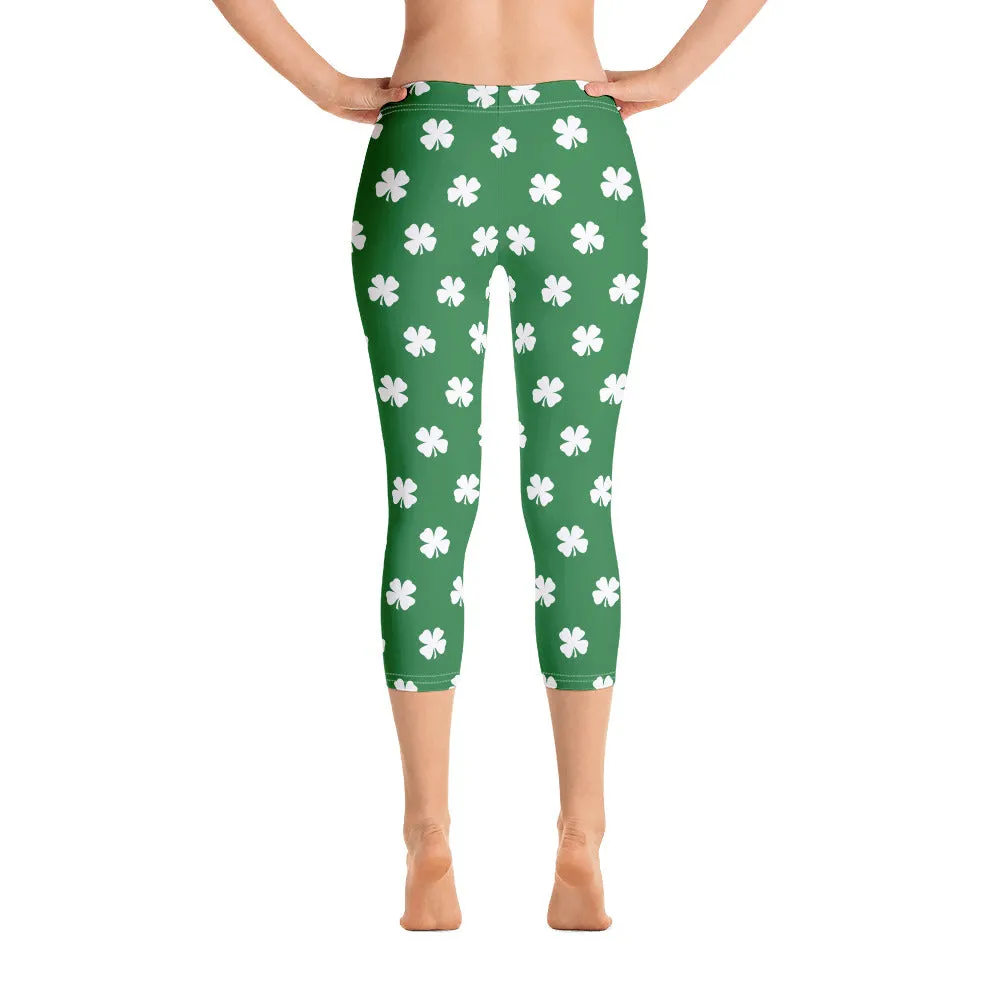 Four-Leaf Clover (White) Women's Capri Leggings by ReadyGOLF Supportive Waist Quick Drying