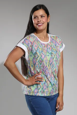 Sustain Glow Lightweight sweater Burnout Top with contrast details | Multi Diamonds | 6052A1