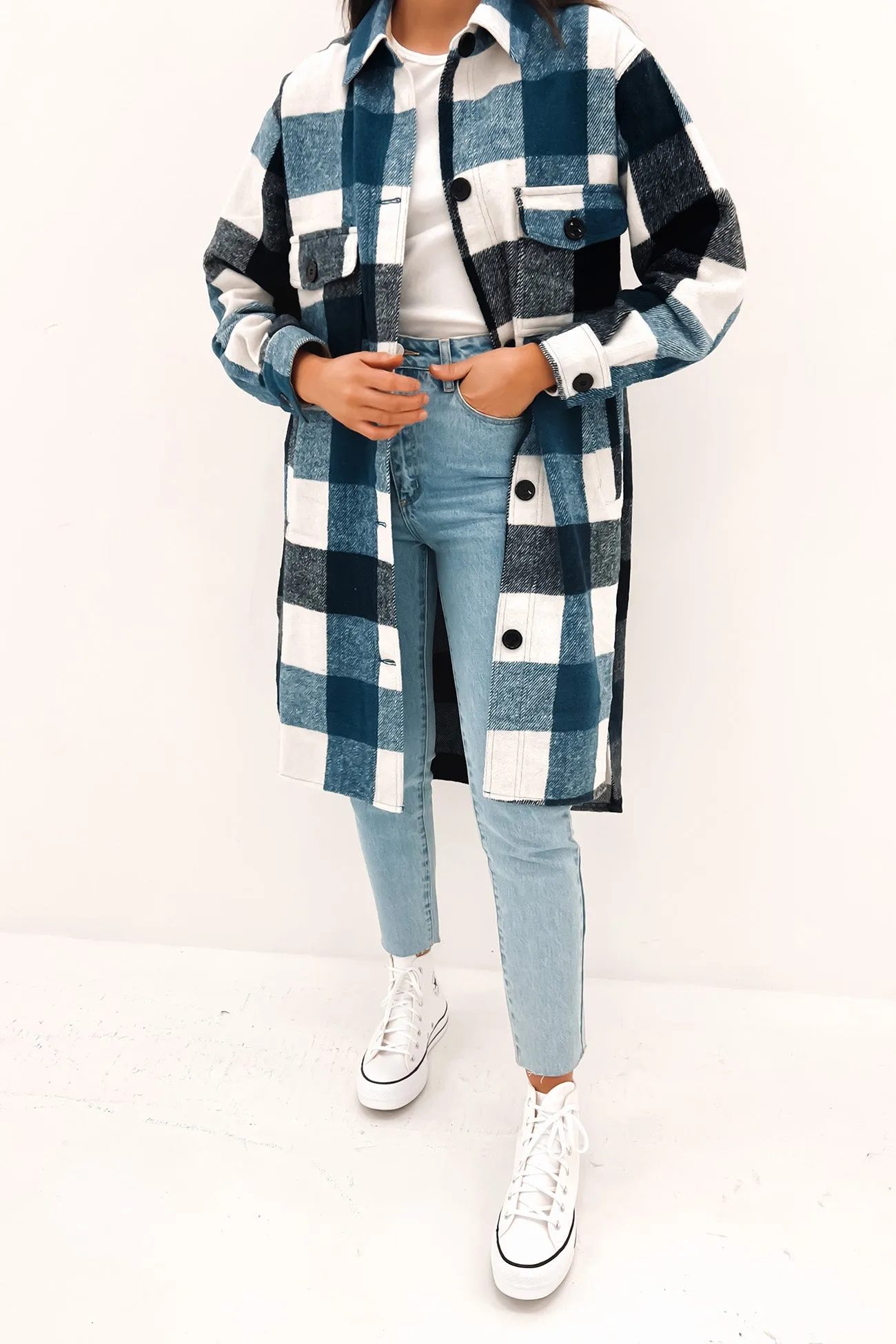 Indi Shacket Blue Check Compression Layer Quilted Interior