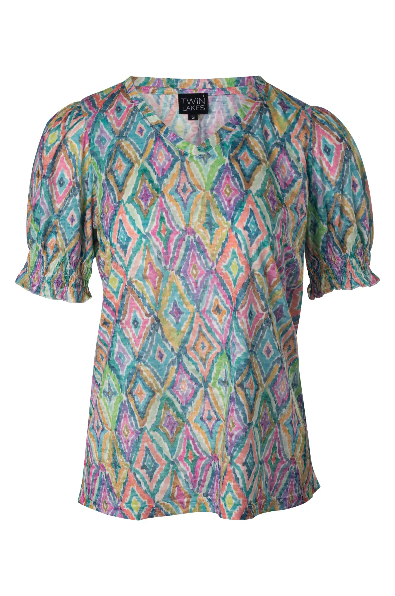 Smile Ease QuickDrying Fiber Burnout Top with puff sleeve | Multi Diamonds | 6055A1