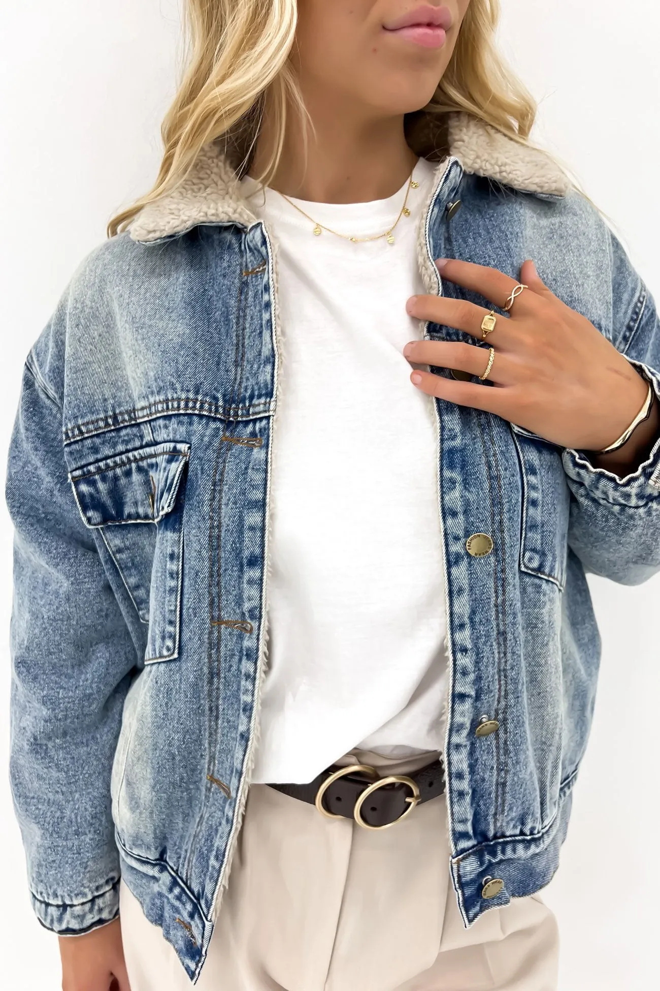 Noise Free Fabric Anti Pilling Texture James Denim Sherpa Jacket Mid Blue