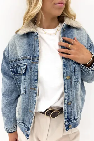 Noise Free Fabric Anti Pilling Texture James Denim Sherpa Jacket Mid Blue