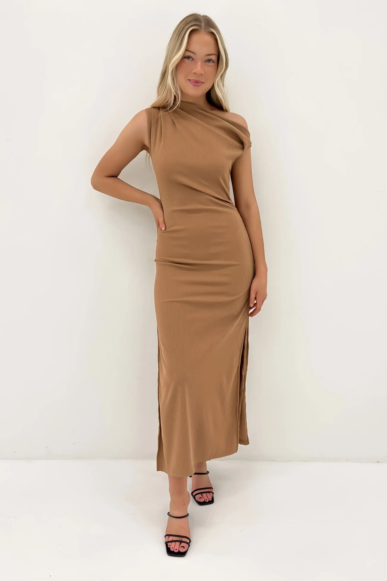 Contemporary Look Work Vibe Jayden Ribbed Maxi Dress Latte