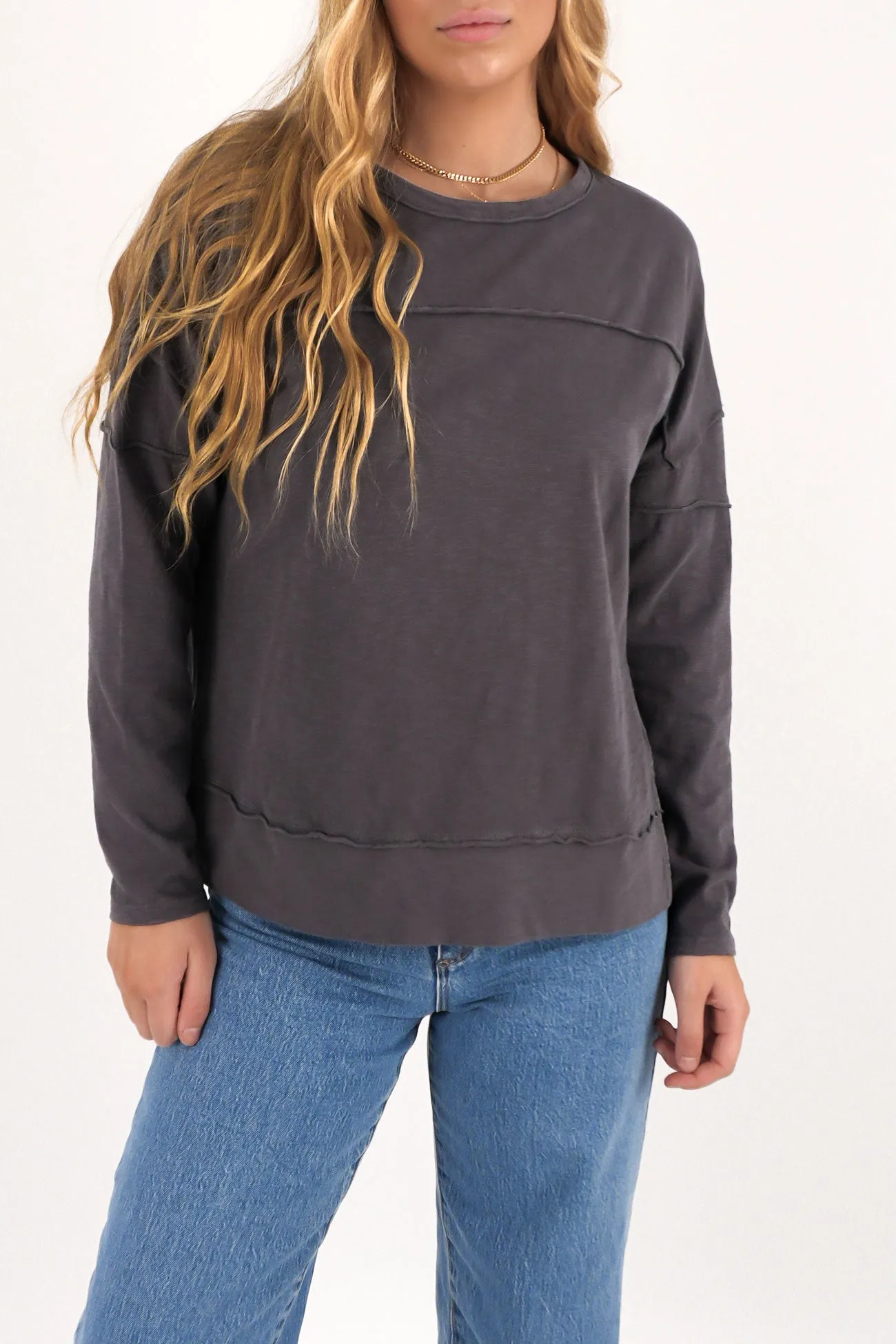 Jayne Throw On Top Charcoal Seamless Sleeve Construction StretchFree