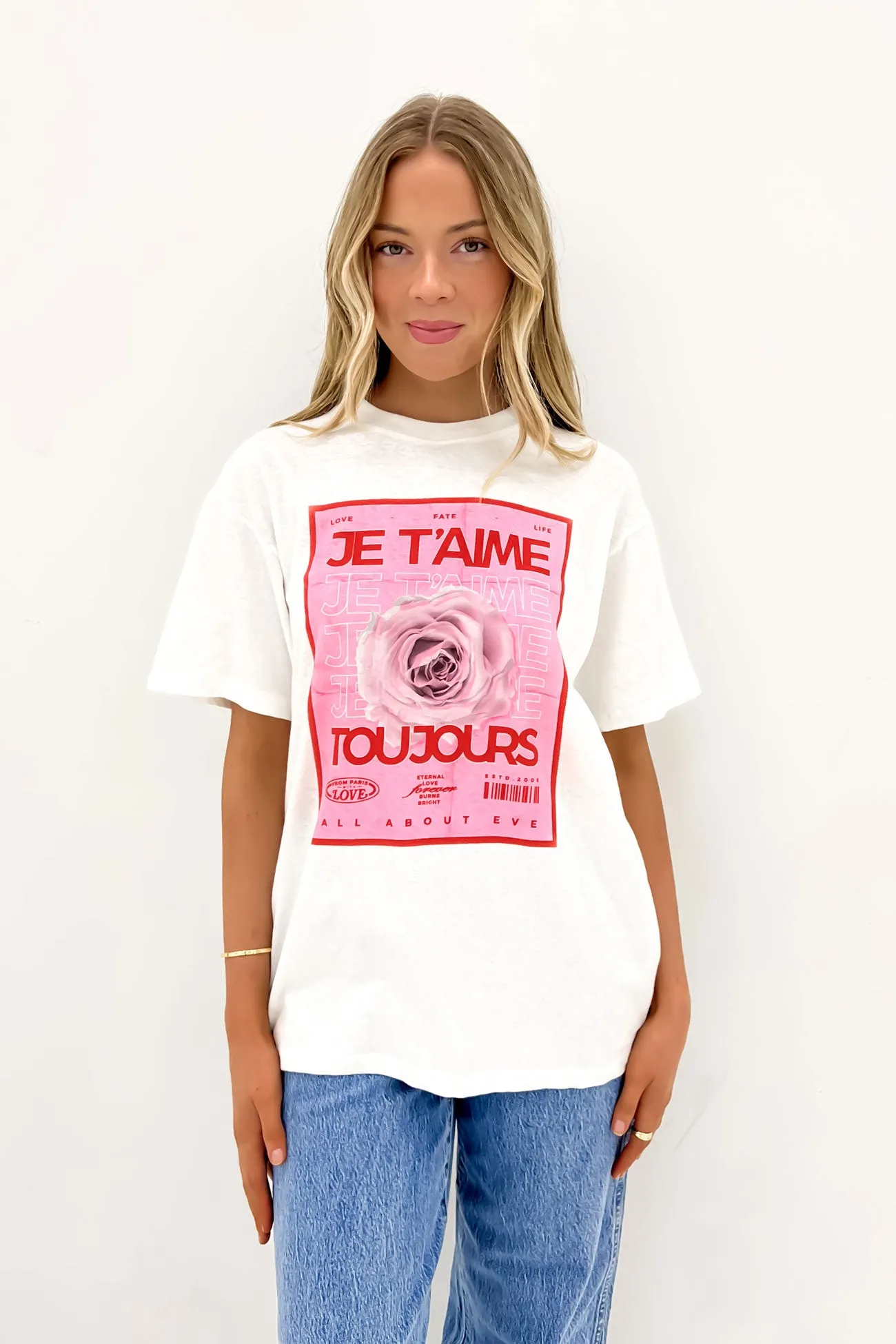Je T'aime Oversized Tee Vintage White Stylish Casual