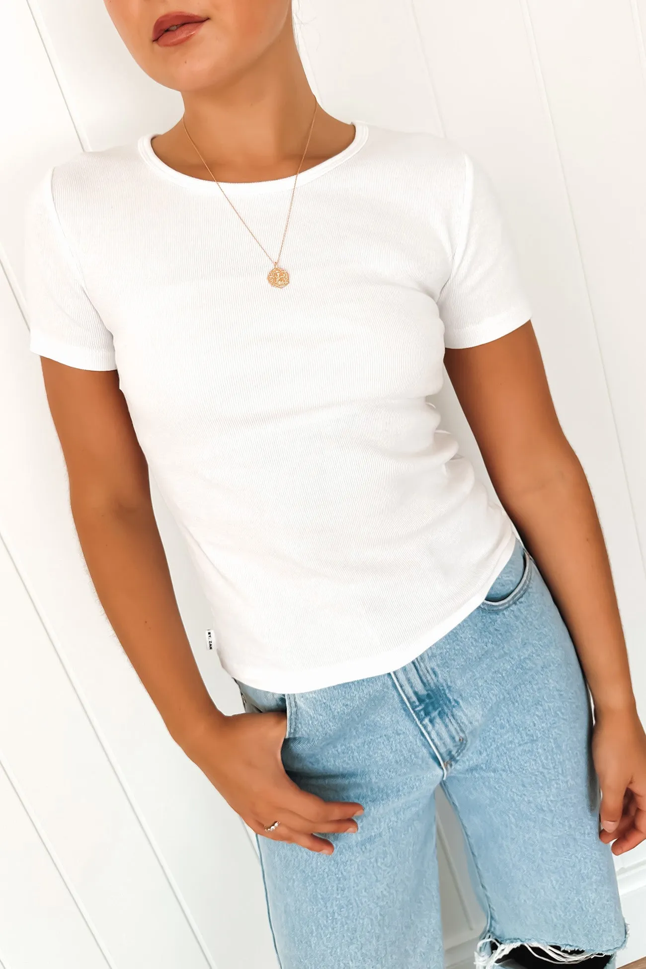Jordyn Rib Tee White Stretchable Fabric