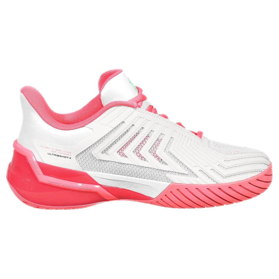 K-Swiss Women's Ultrashot 4 - White/Neon Pastel Pink Silicone Grip Strips Energy Return Core