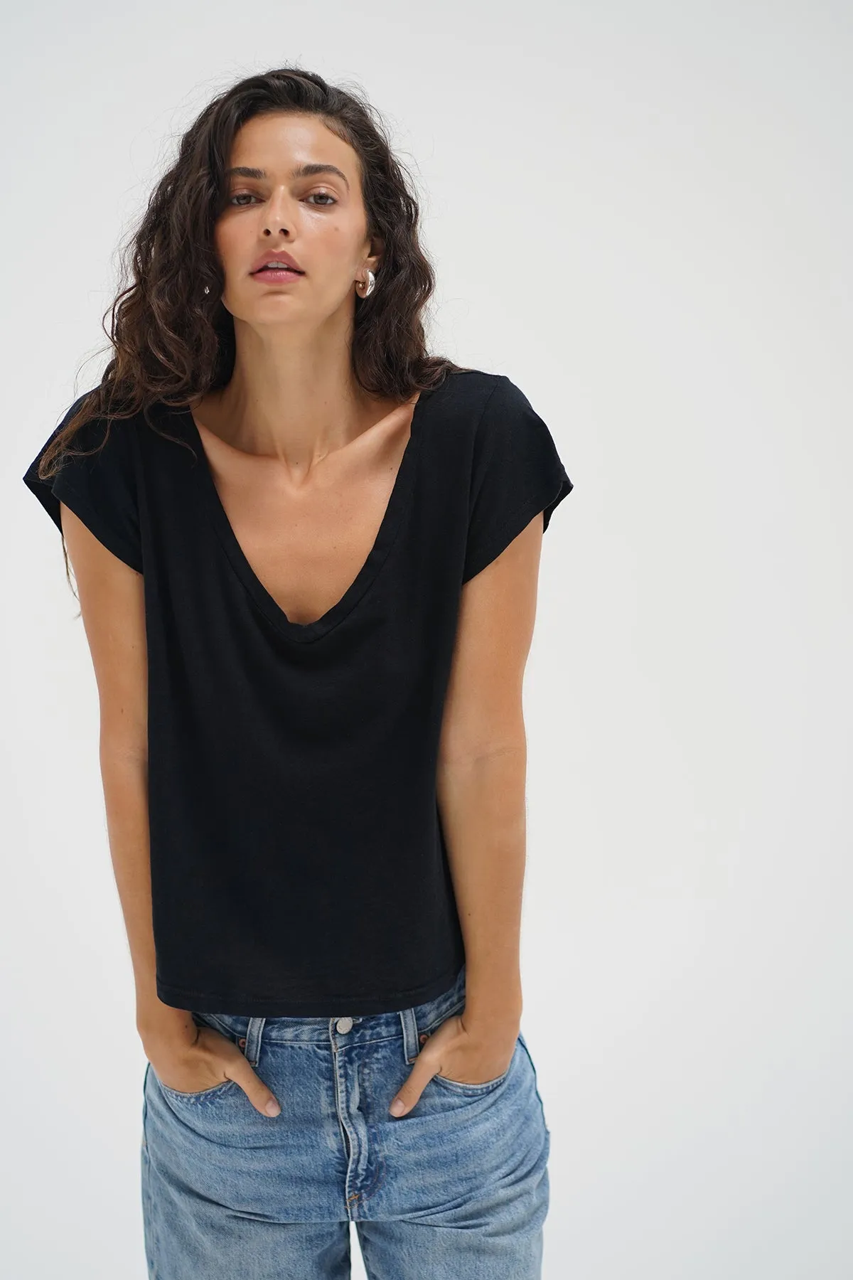 Stretch Jersey Knit Kaden Cotton V Neck - Black