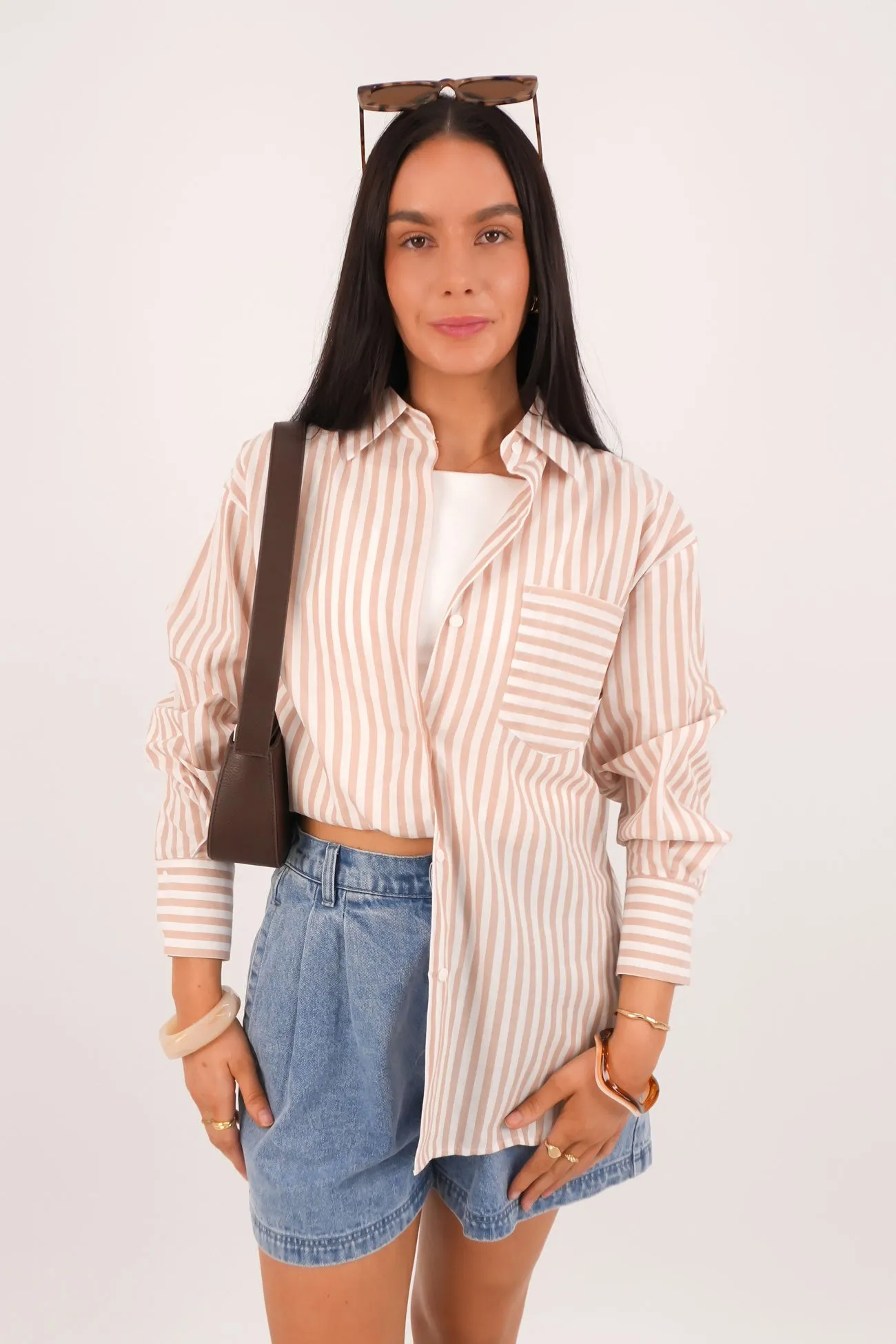 Kayla Shirt Latte Stripe Lightweight Comfort