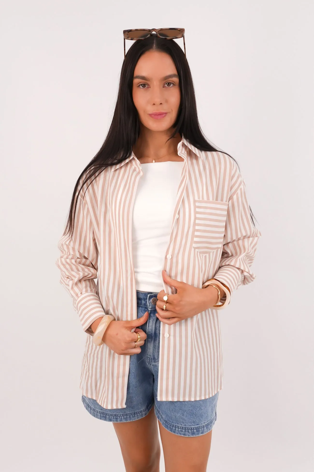 Kayla Shirt Latte Stripe Vegan Multi Panel Design