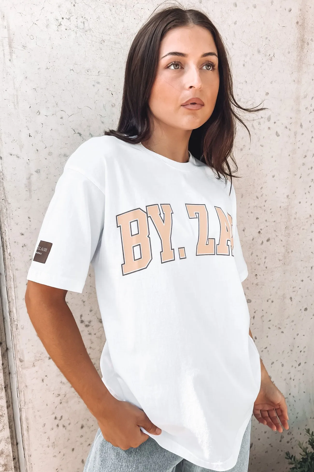 Heathered Texture Cozy and Soft Kendall Collegiate Tee White