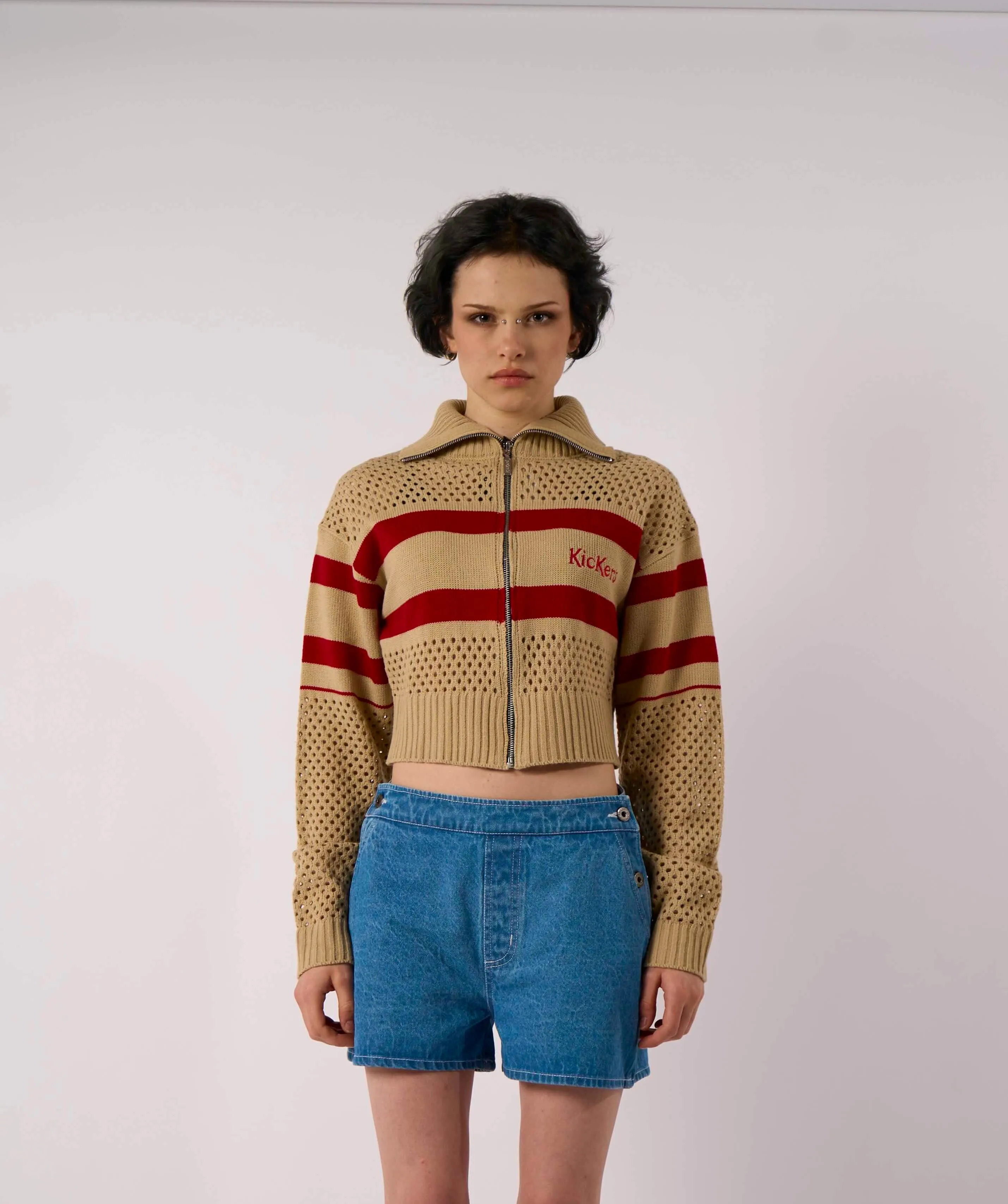 Kickers Crop Striped Knit Hoodie Fresh Warmth Sweat Wicking Lining