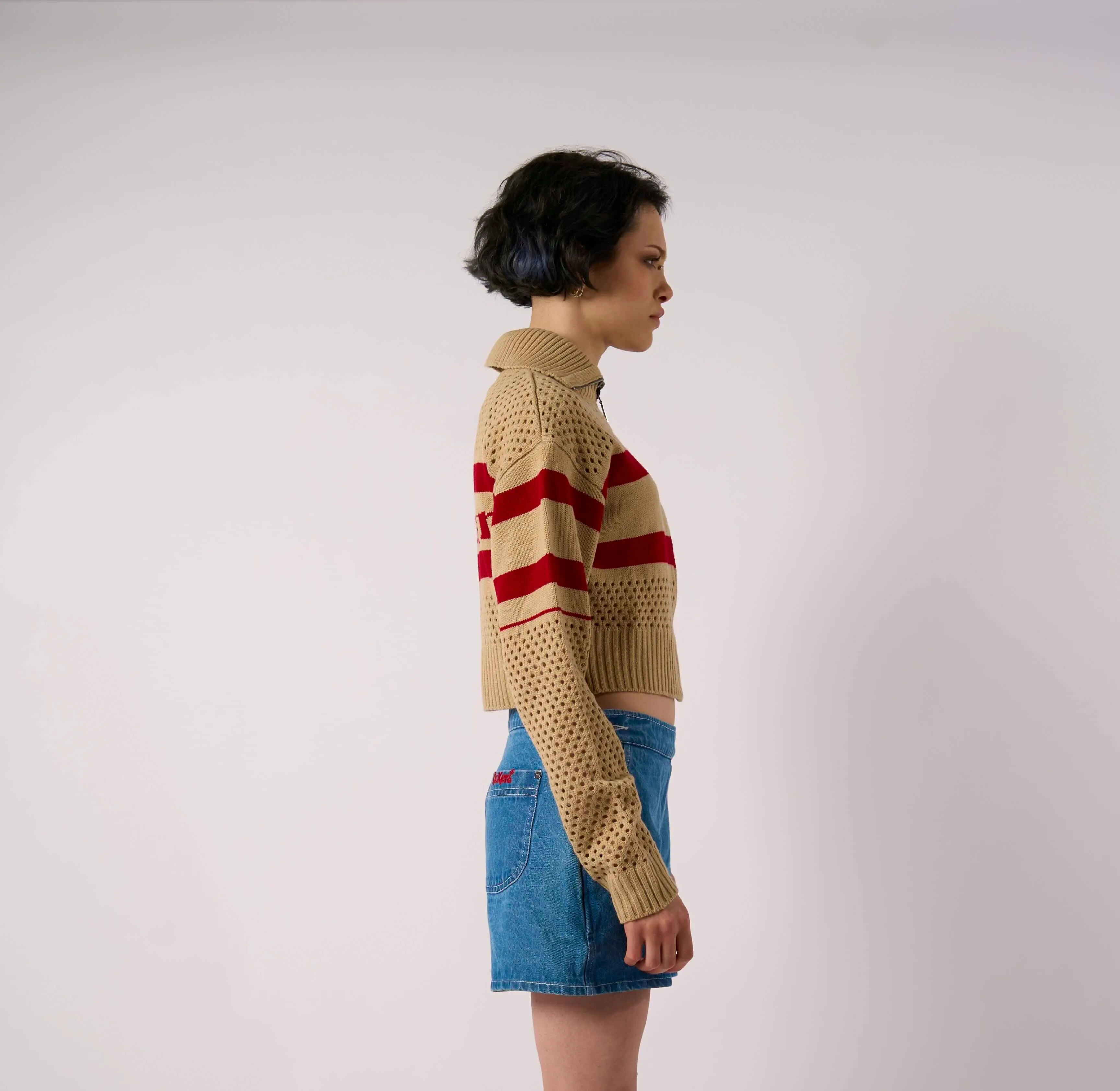 Kickers Crop Striped Knit Hoodie Urban Fashion Layered Stitch Details