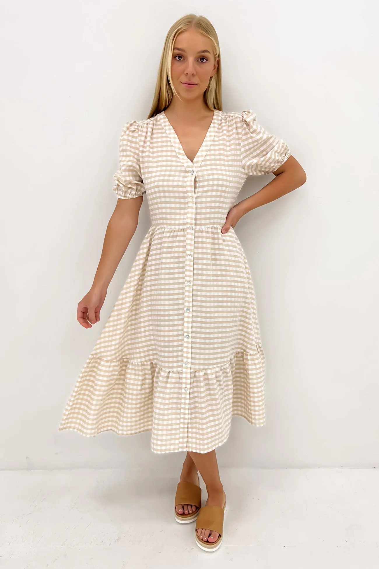 Kingston Midi Dress Latte Gingham Lightweight Fit