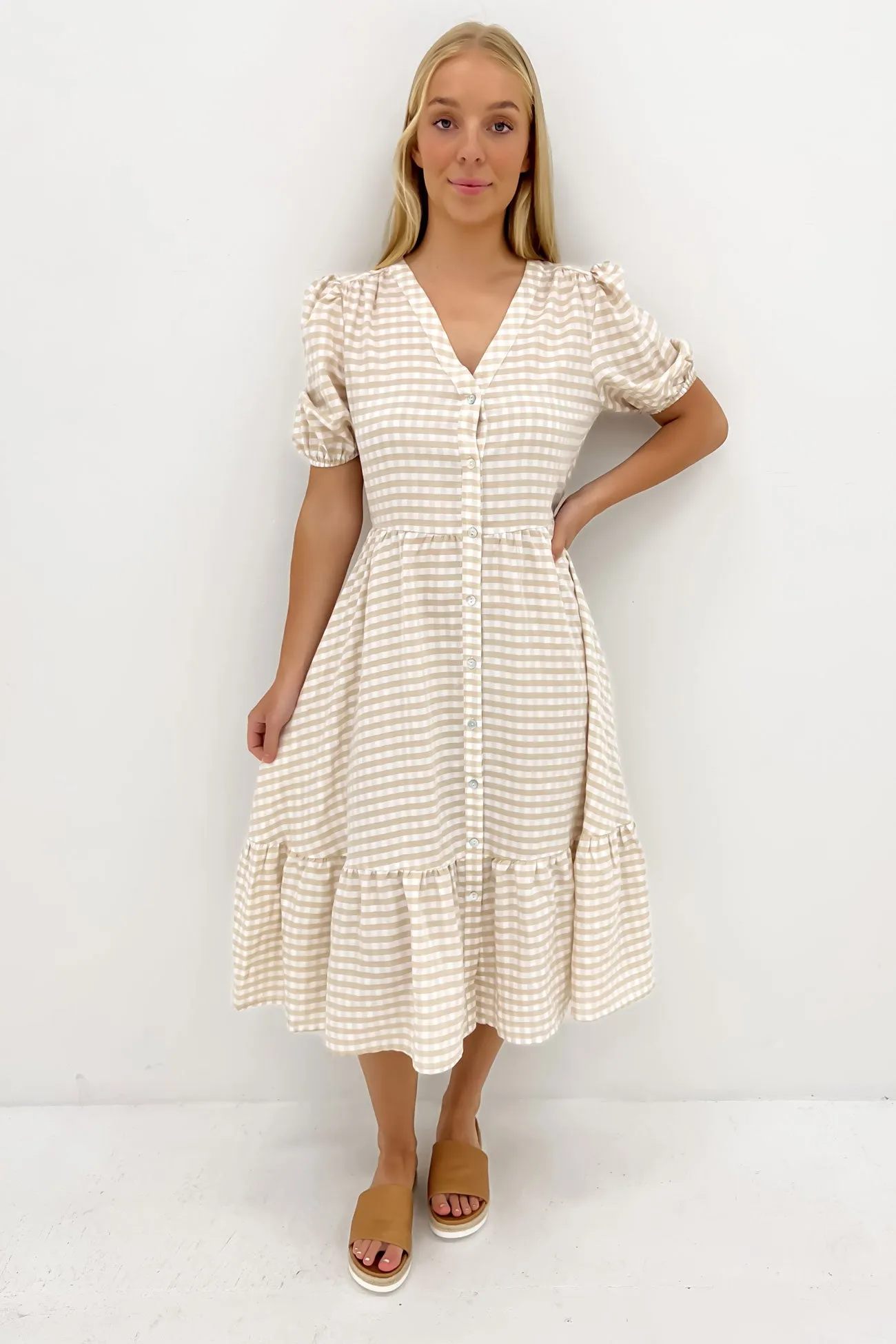 Kingston Midi Dress Latte Gingham Delicate Tone Fall Layer