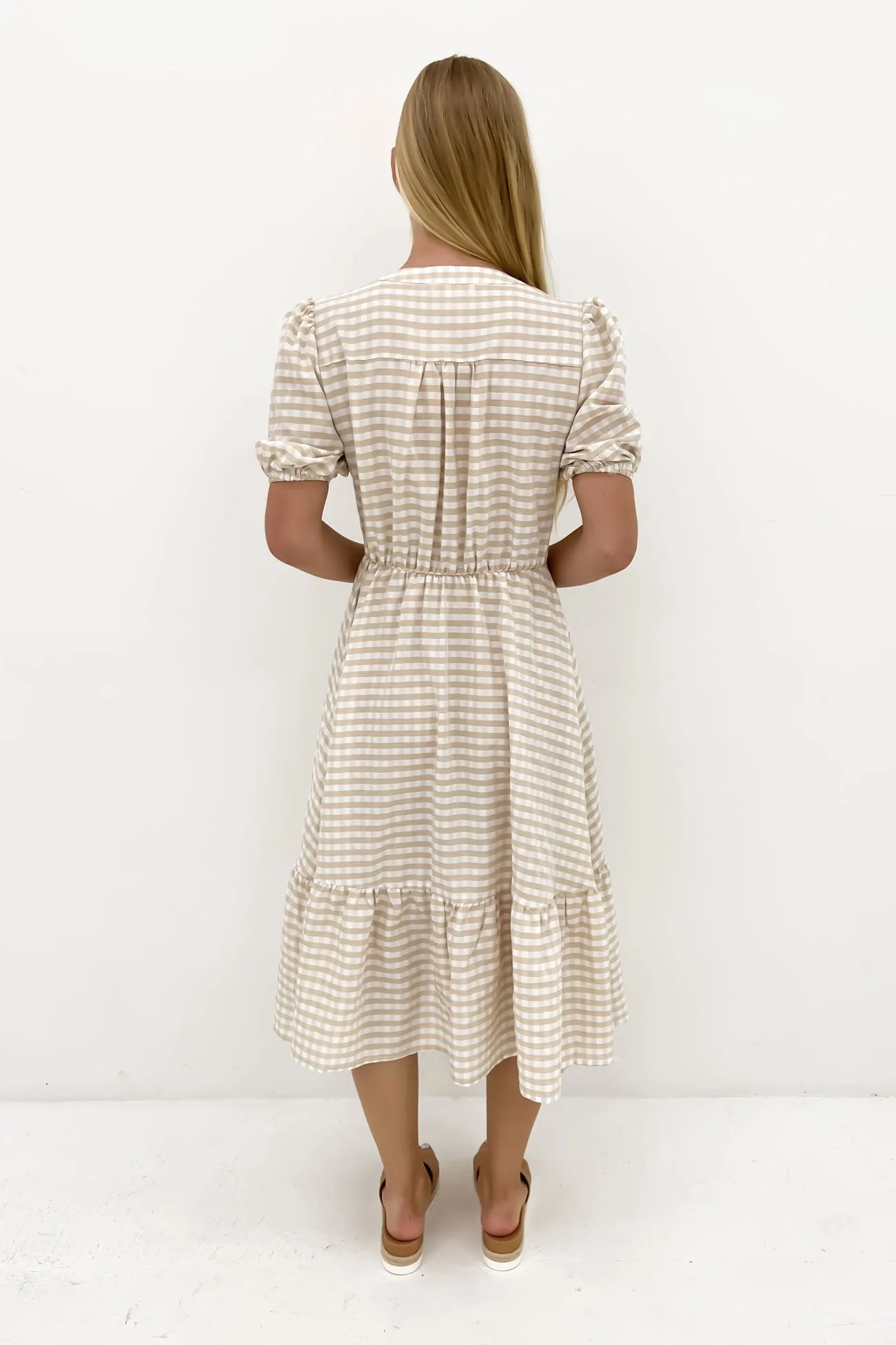 Kingston Midi Dress Latte Gingham Clean Outfit