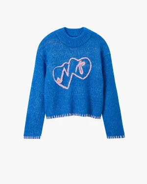 Flexible Waistband Kitty Knit Sweater Blue
