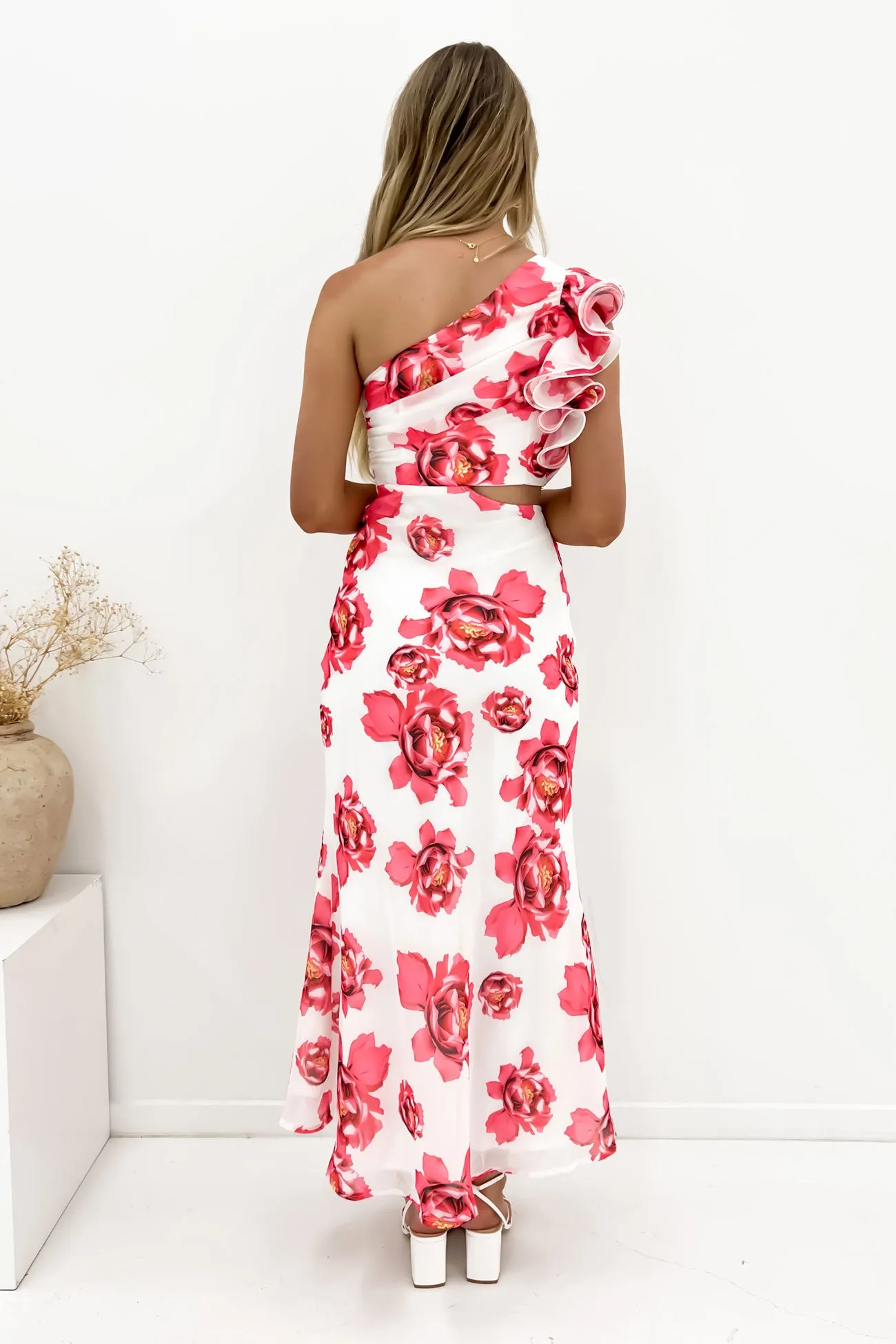 Knox Midi Dress Red Floral Ceremony Ready Texture Mood