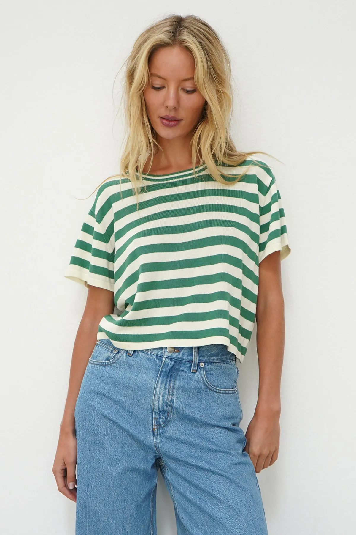 Kori Stripe Short Sleeve - Wide Green Stripe Polka Dot Pattern