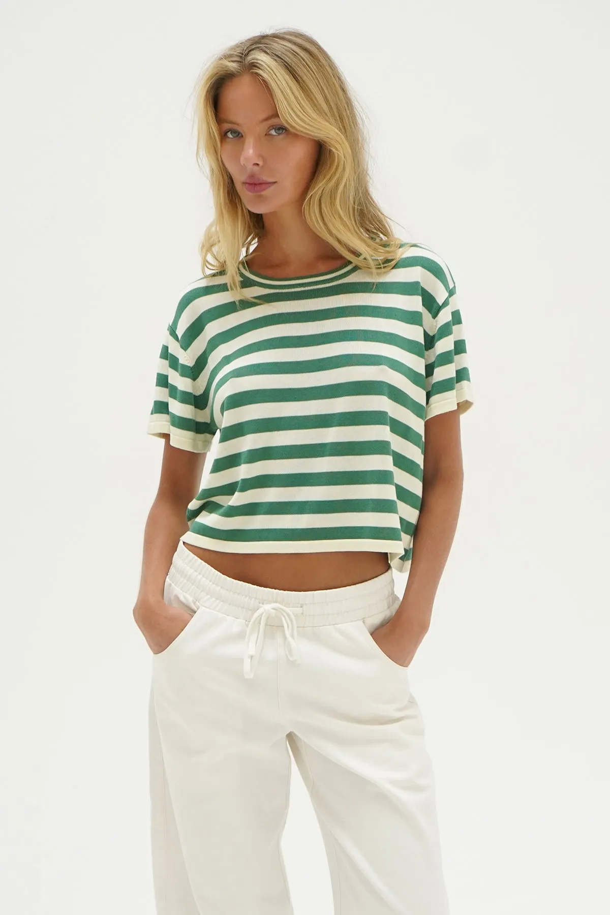Kori Stripe Short Sleeve - Wide Green Stripe Minimalist Layer Breathable Style