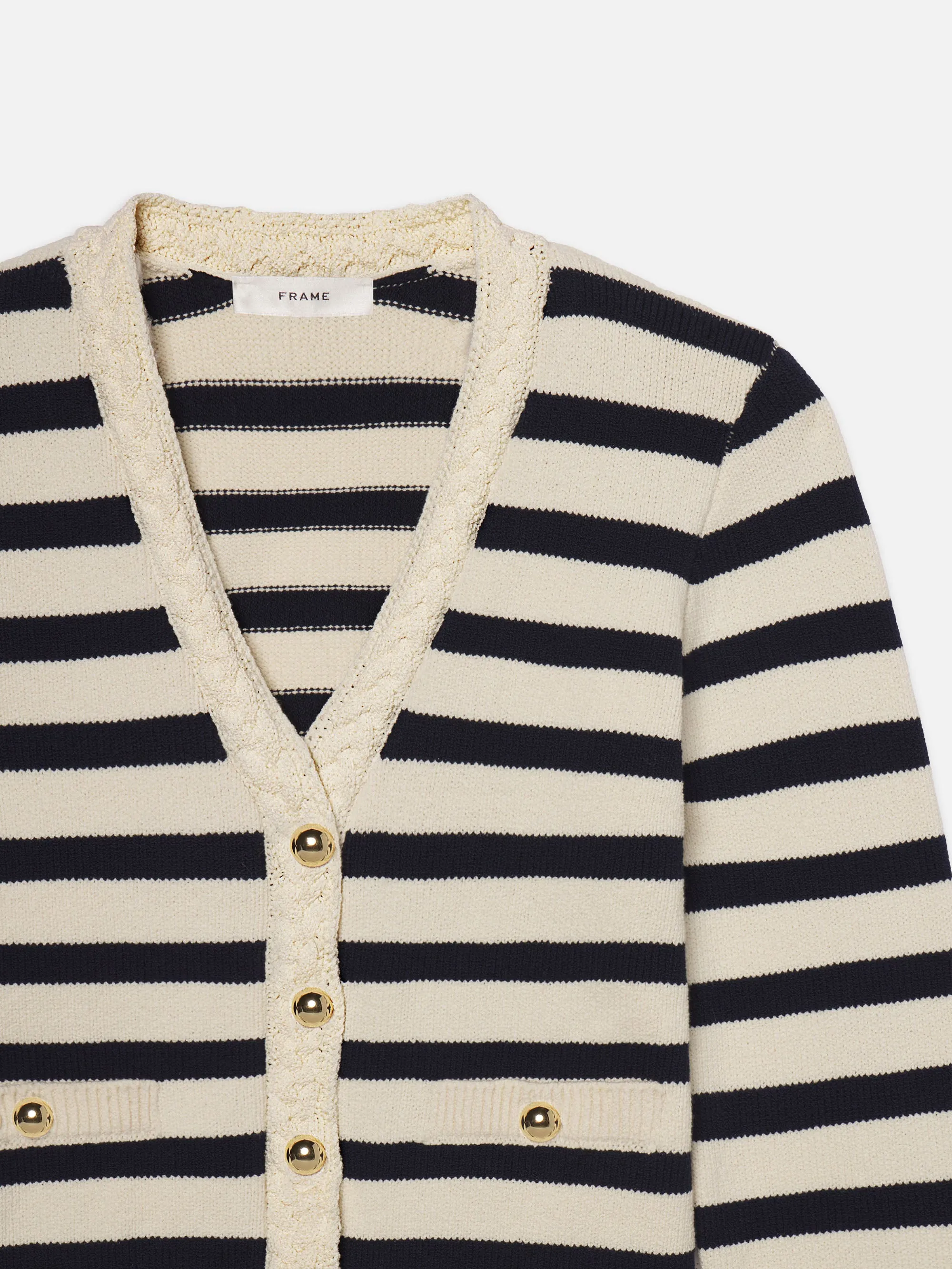The Harbor Cardigan -- Navy Multi DoubleLayered Hem Hypoallergenic Fiber Blend