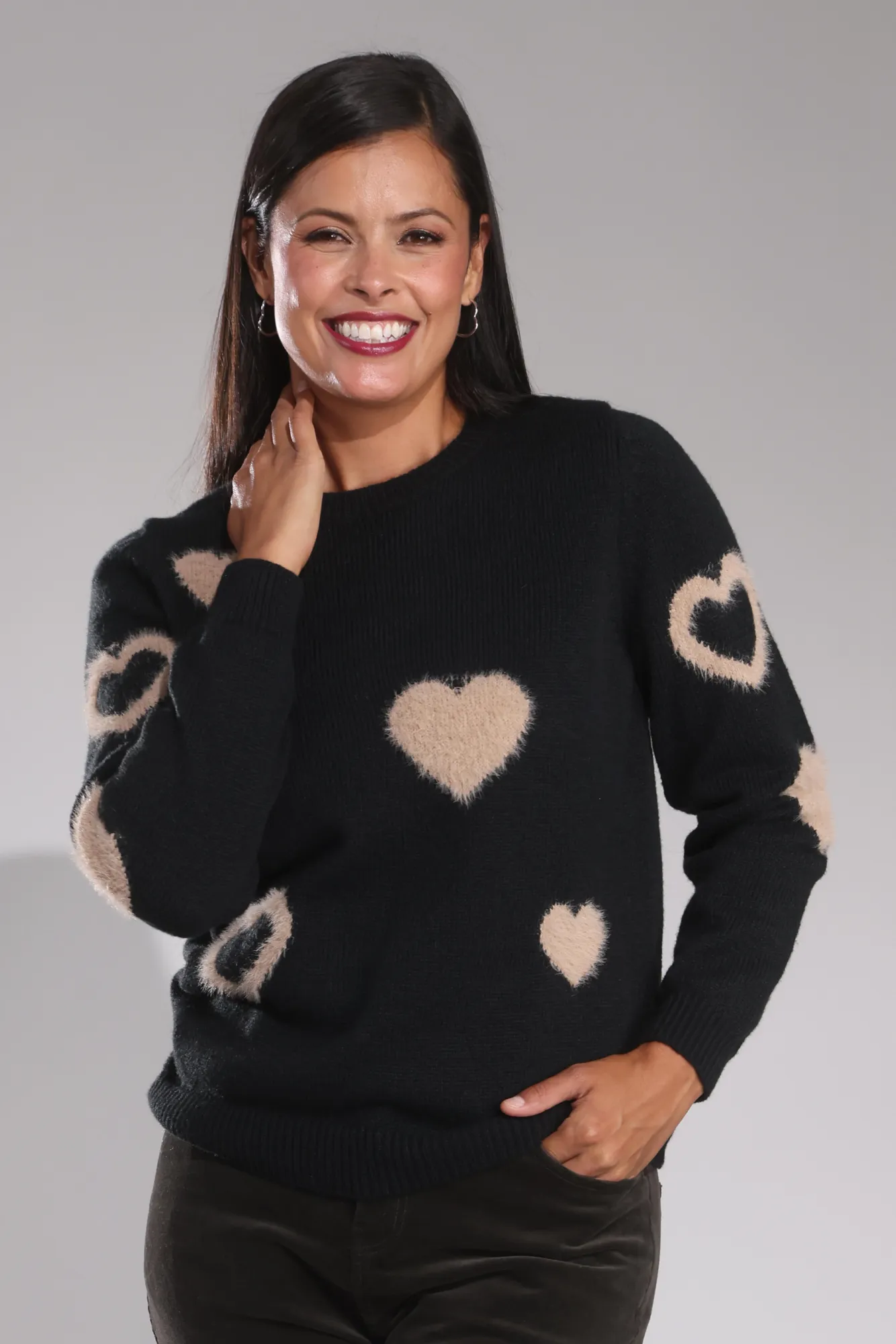 Basic Style Comfort Stretch Jersey - Knitwear | Black/Taupe Hearts | 0018B1