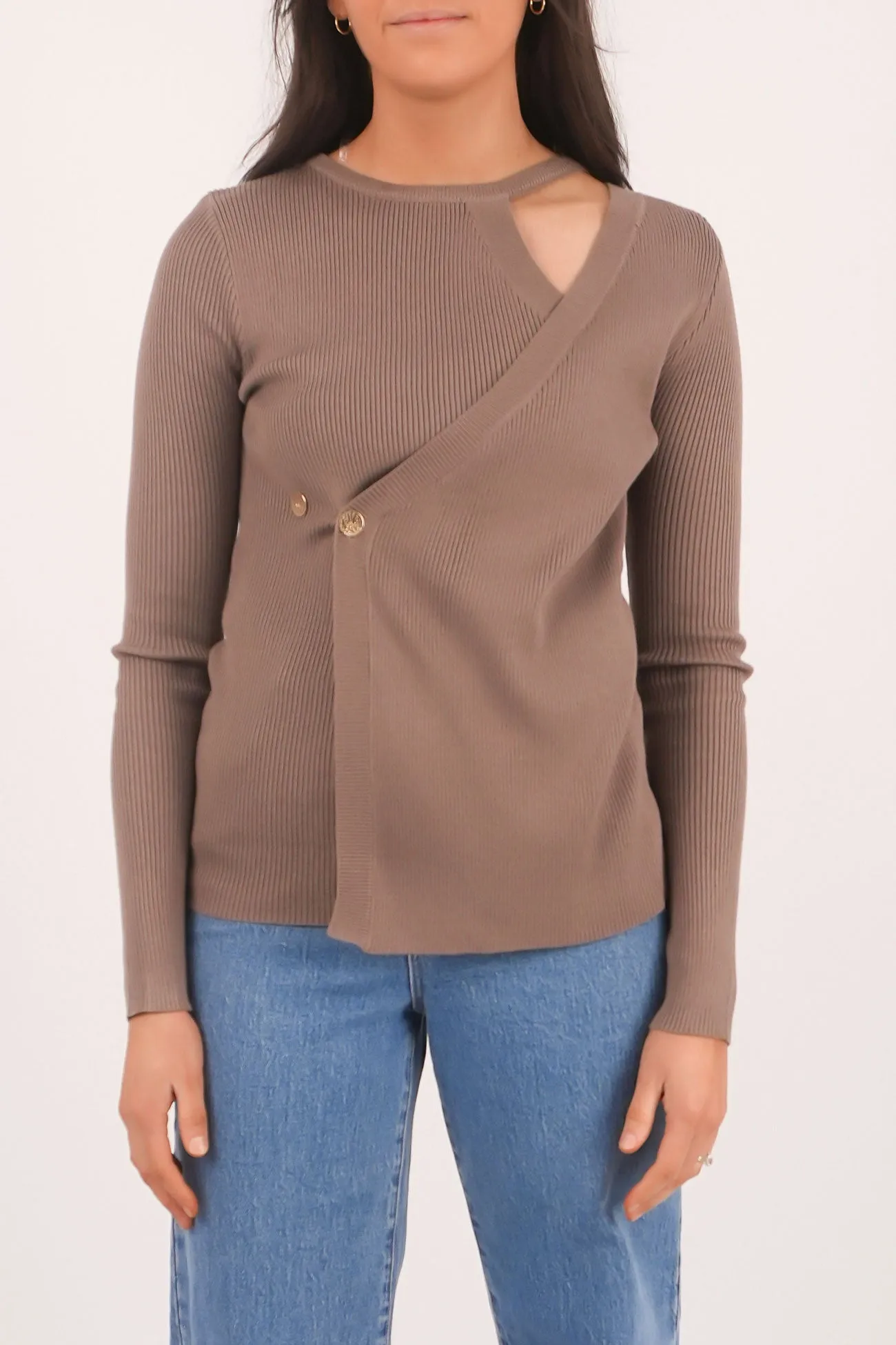 Zambee Knit Long Sleeve Top Taupe Party Ready