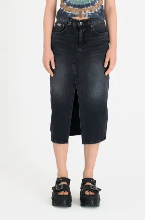 Washed Black Denim Midi Skirt Black Twist Knot Details Weekend Outfit