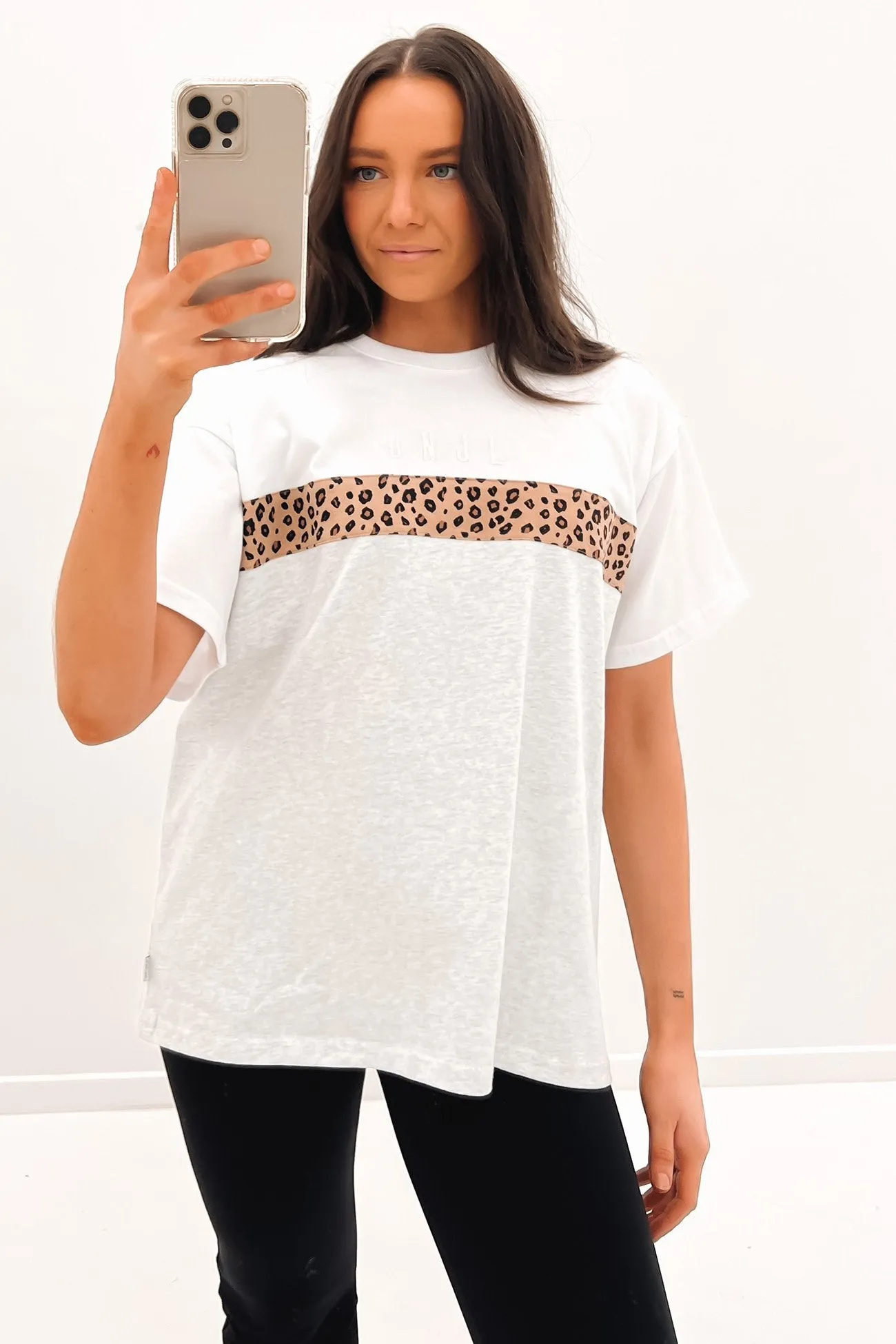 Leopard Panel Up Tee Snow Marle Relaxed Movement Versatile Layer