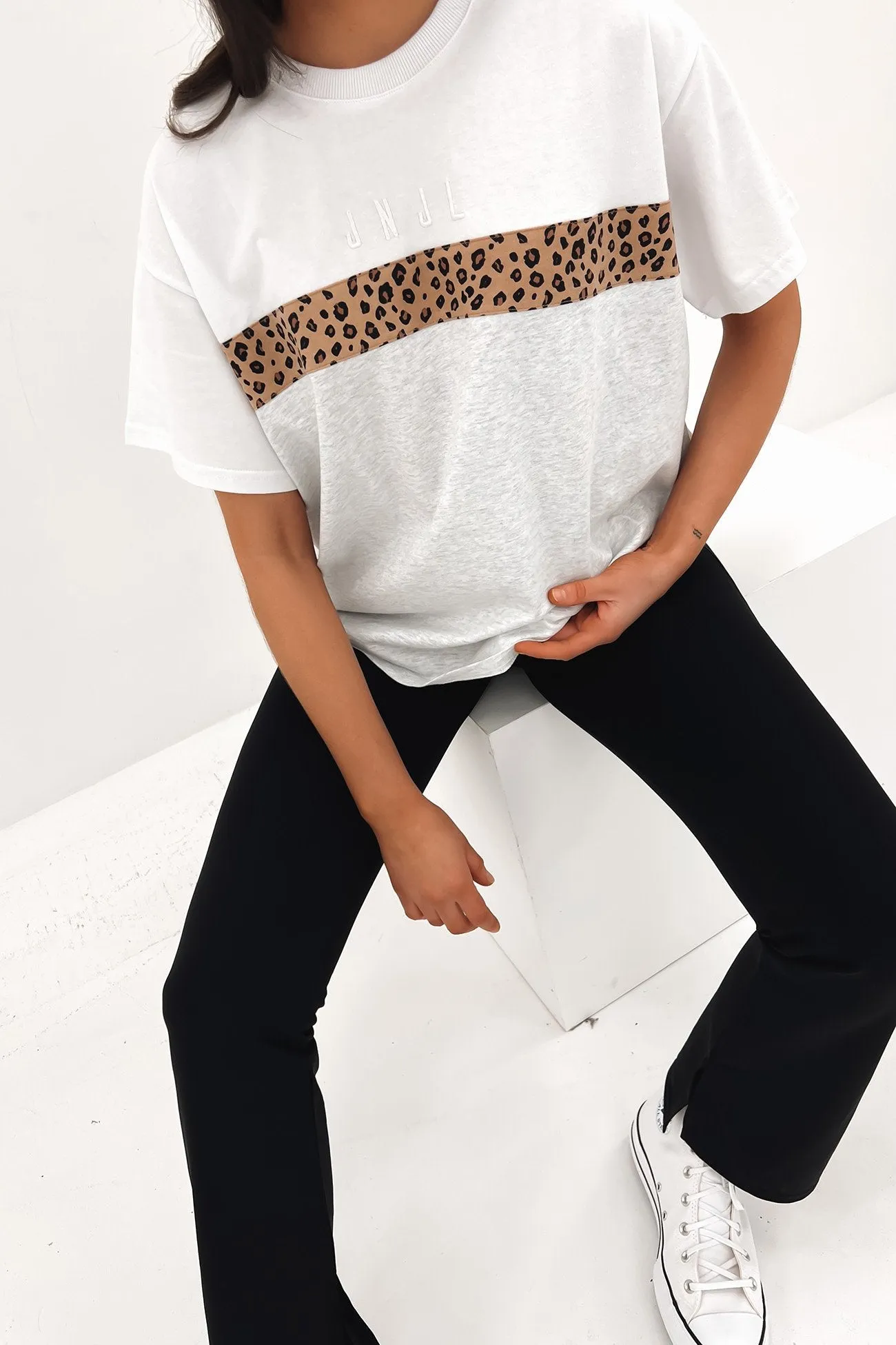Leopard Panel Up Tee Snow Marle Anti Pilling Fabric