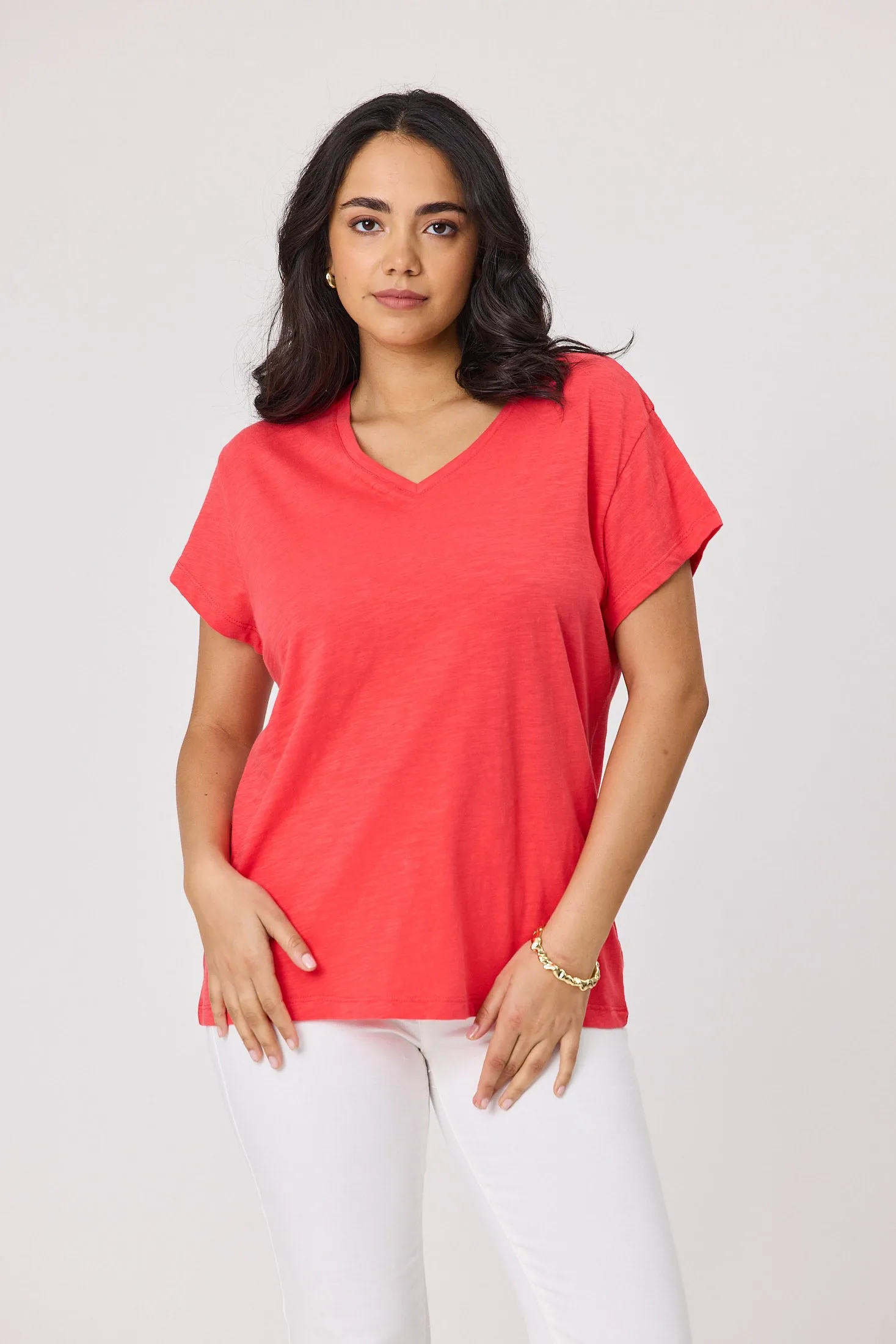 Comfortable Style Effortless Daywear Shine On Essential Staple V Neck Tee Coral