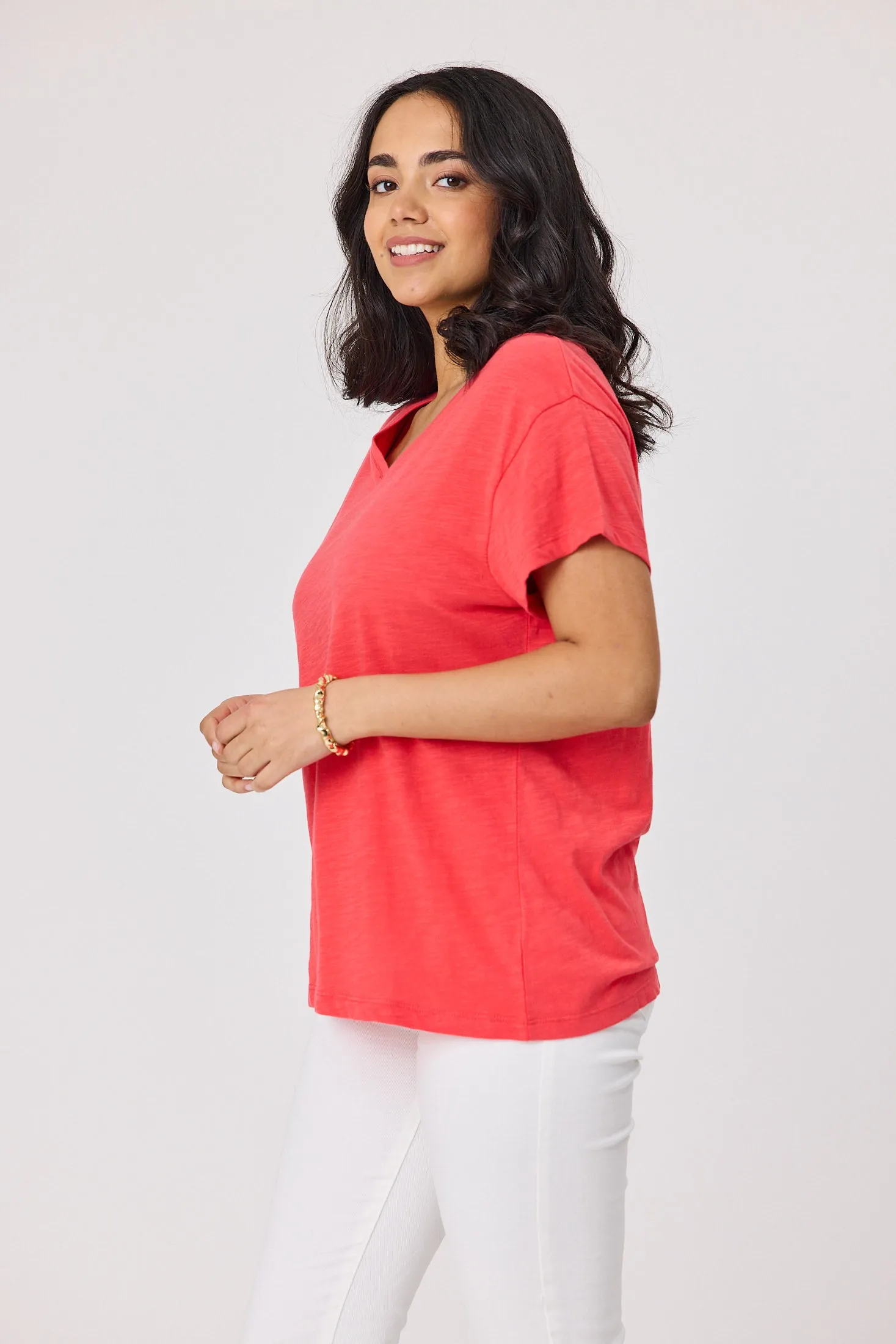 Comfy Casual Wear Breathable Waistband Shine On Essential Staple V Neck Tee Coral