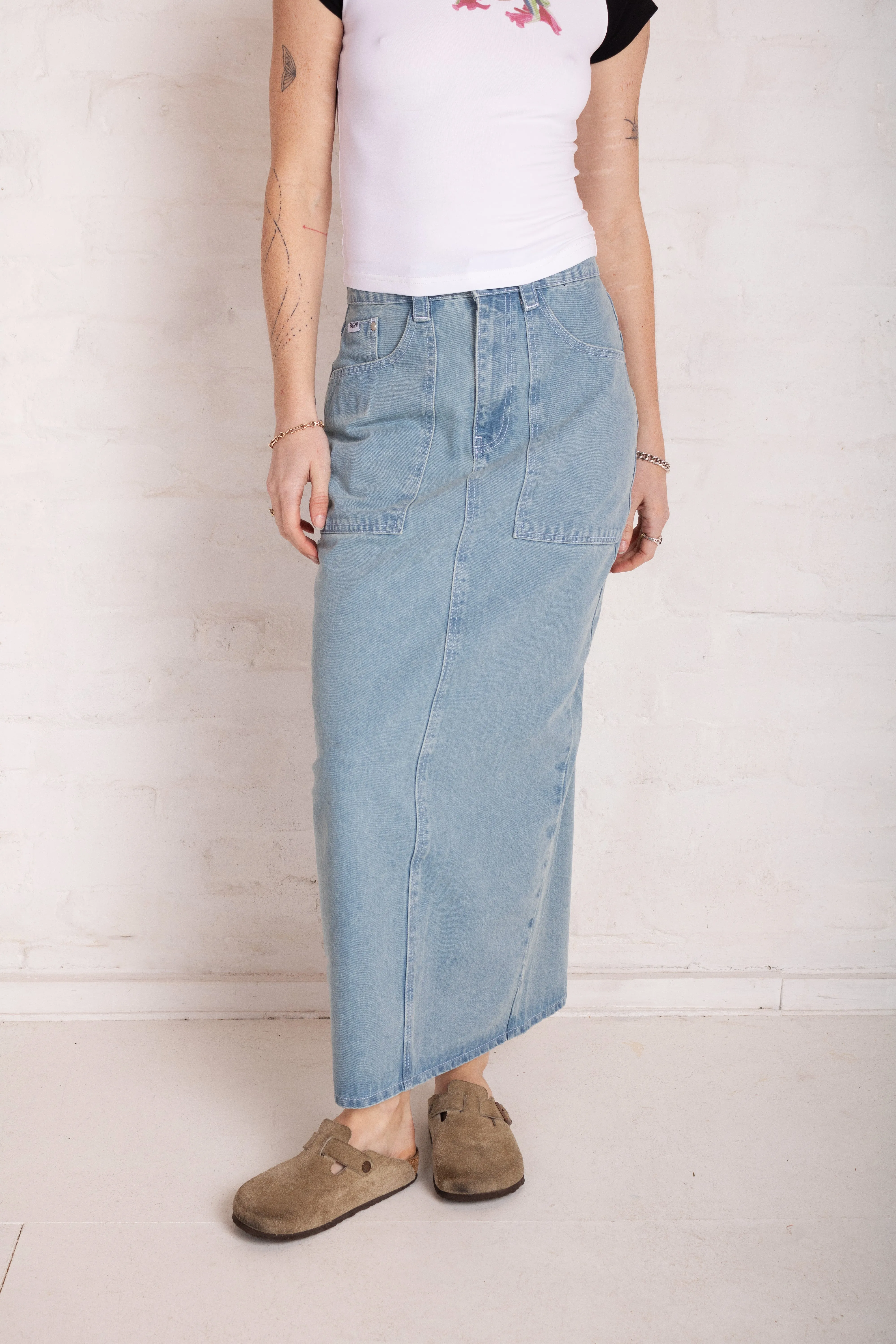 Light Wash Carpenter Denim Maxi Skirt Easy Layers