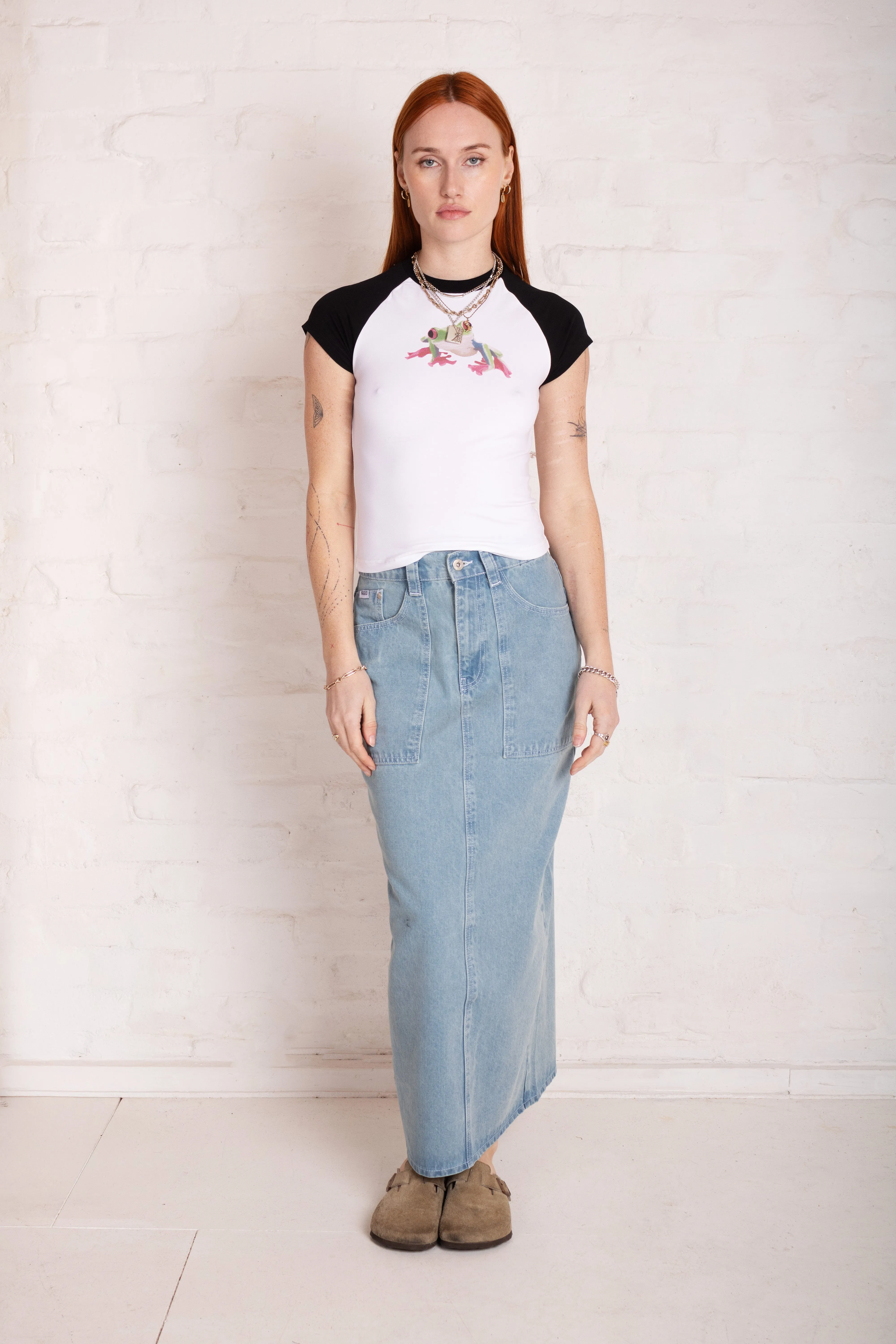 Light Wash Carpenter Denim Maxi Skirt Business Meeting