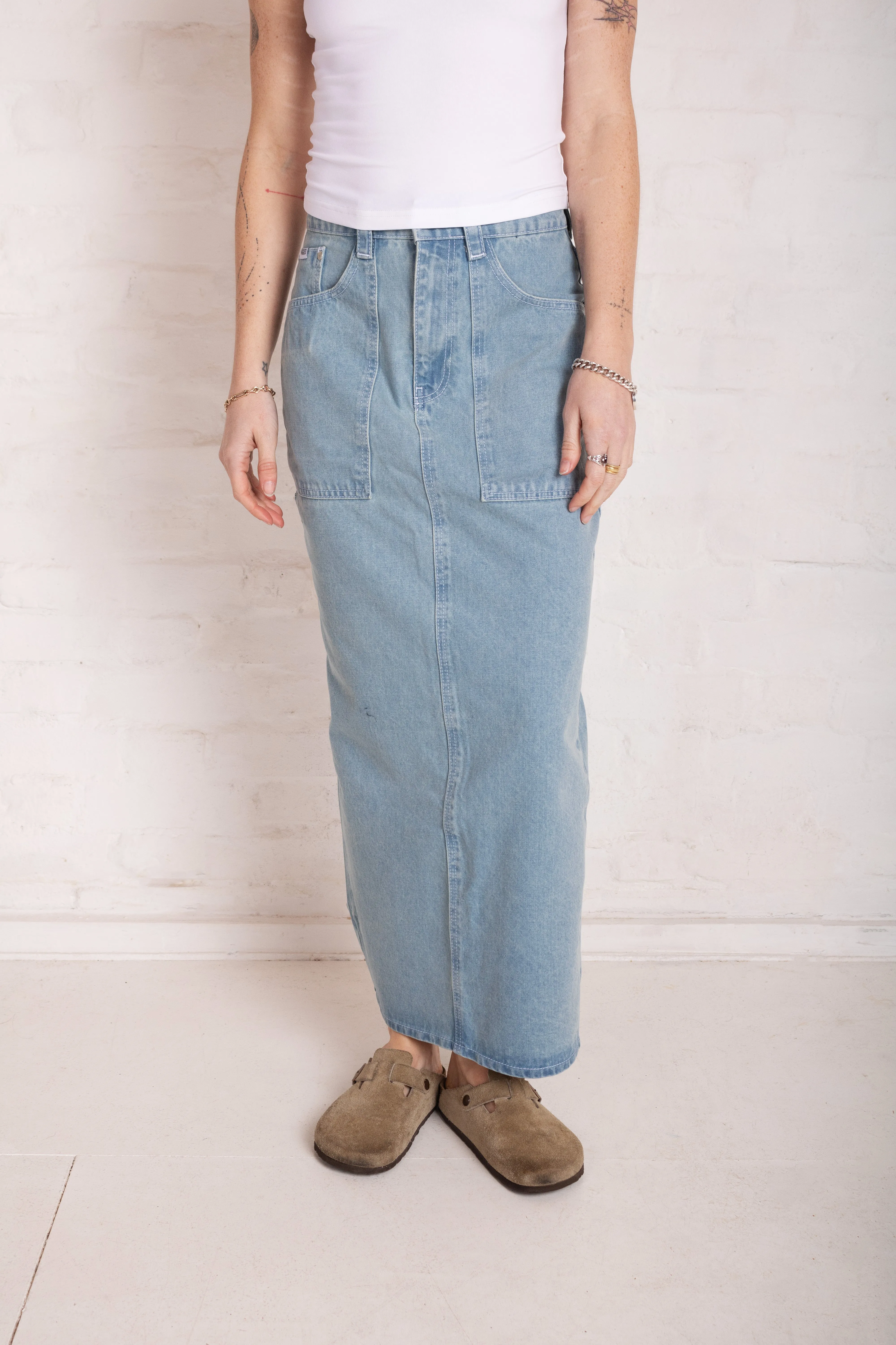 Young adult A Line Cut Light Wash Carpenter Denim Maxi Skirt