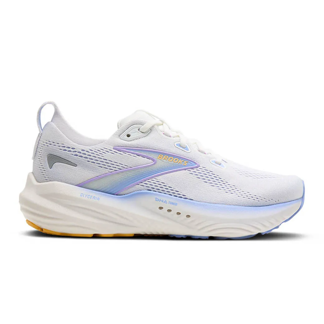 Womens Brooks Running Glycerin 22 in White/Blue Heron/Apricot post - run stretch