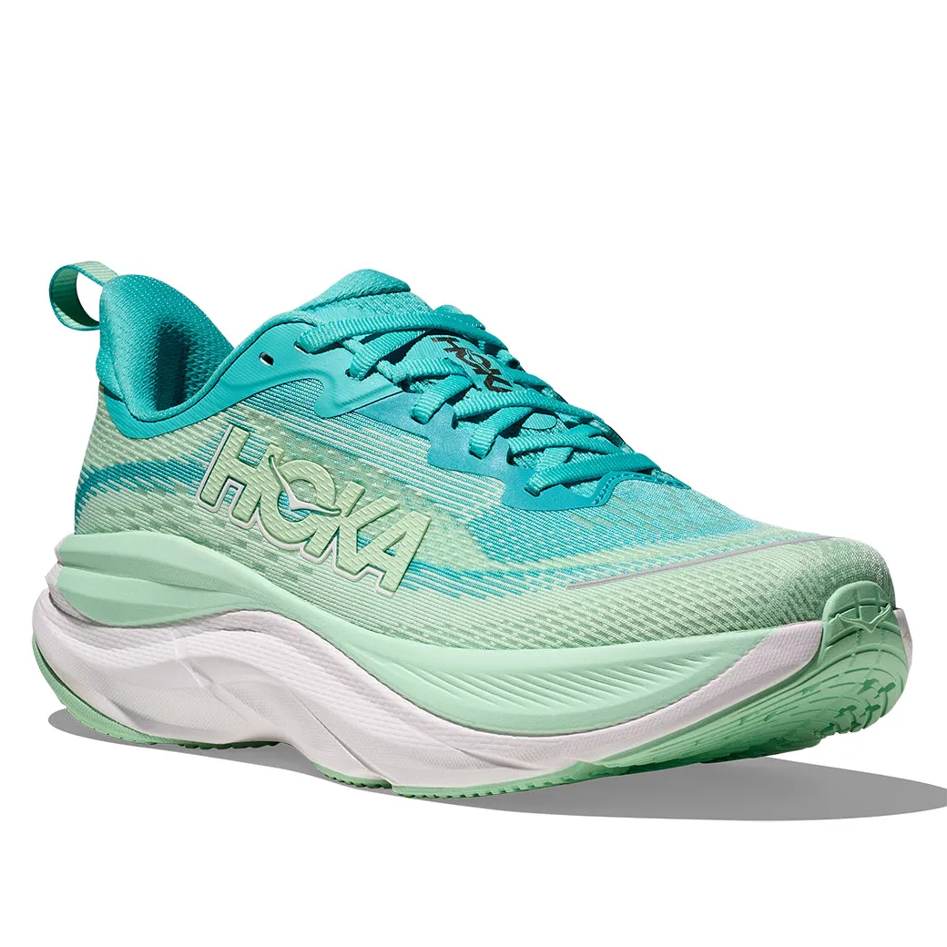 running during sunset Womens Hoka Skyflow in Cielo Blue/Mint Flourite