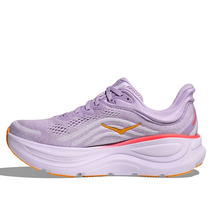 Womens Hoka Bondi 9 in Aster Flower/Starlight Glow running in a cantilever bridge area shoes Ventilated Heel Padding